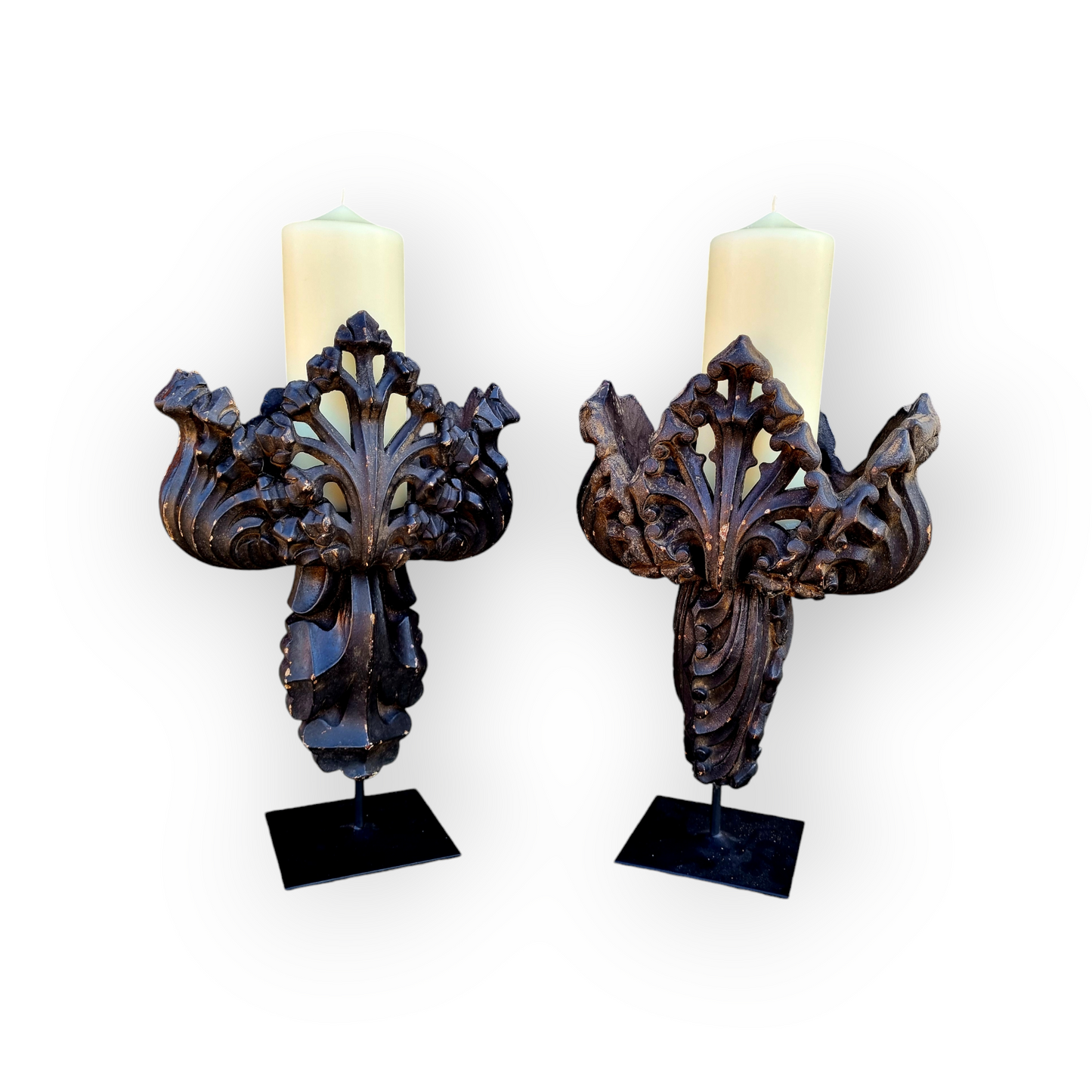 A Fine, Large & Impressive Pair Of 19th Century English Antique Gothic Revival Poppy Finial Carved Wood Candleholders