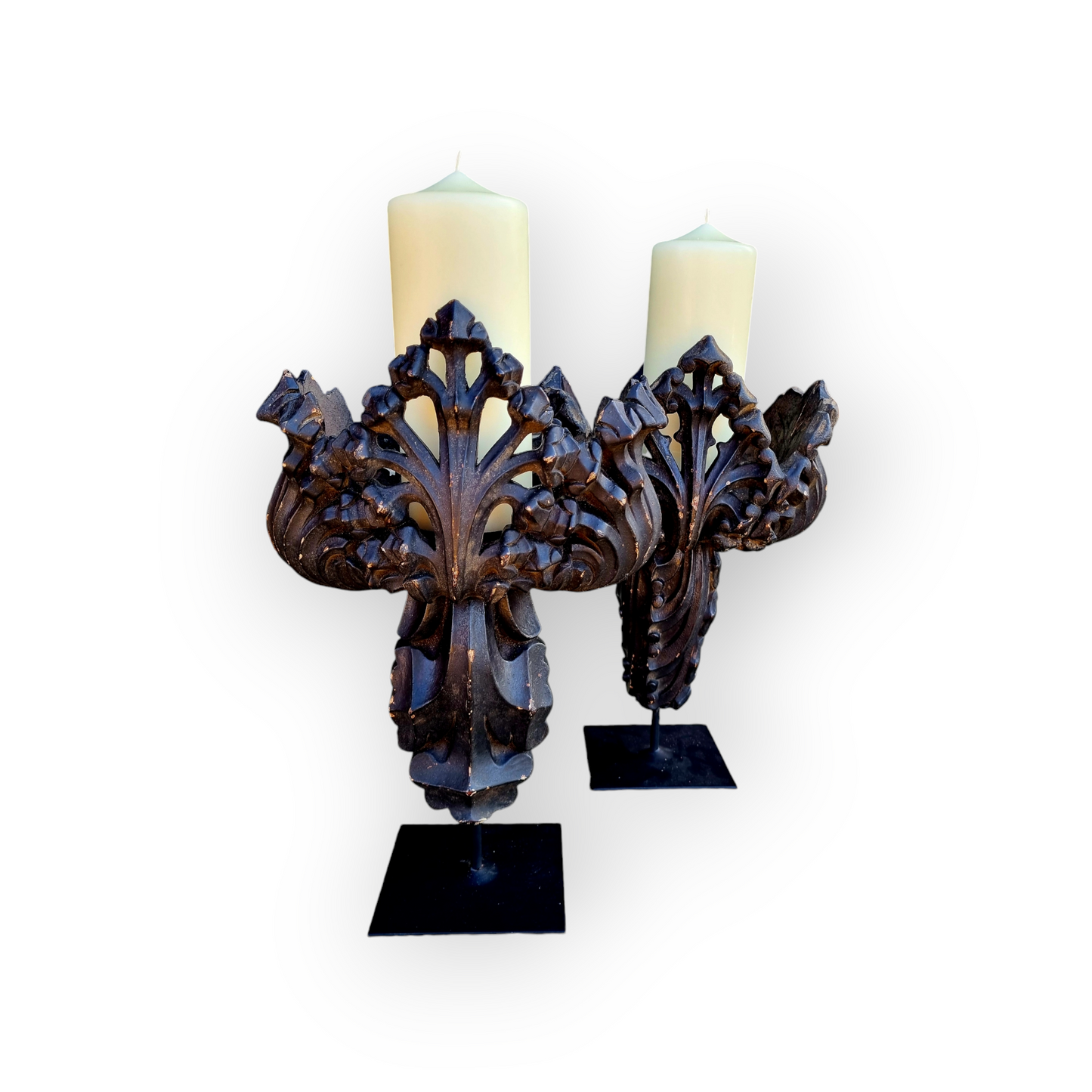 A Fine, Large & Impressive Pair Of 19th Century English Antique Gothic Revival Poppy Finial Carved Wood Candleholders
