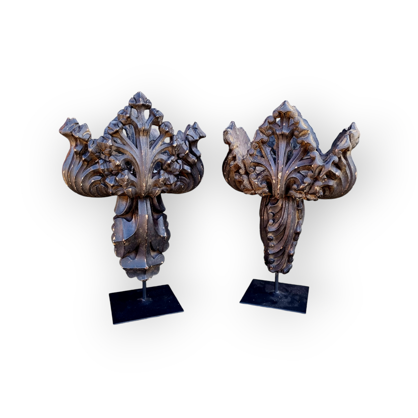 A Fine, Large & Impressive Pair Of 19th Century English Antique Gothic Revival Poppy Finial Carved Wood Candleholders