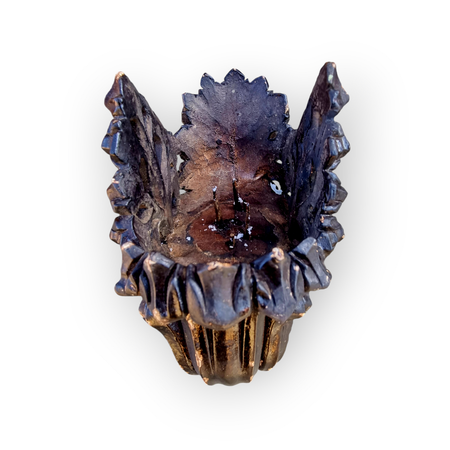 A Fine, Large & Impressive Pair Of 19th Century English Antique Gothic Revival Poppy Finial Carved Wood Candleholders