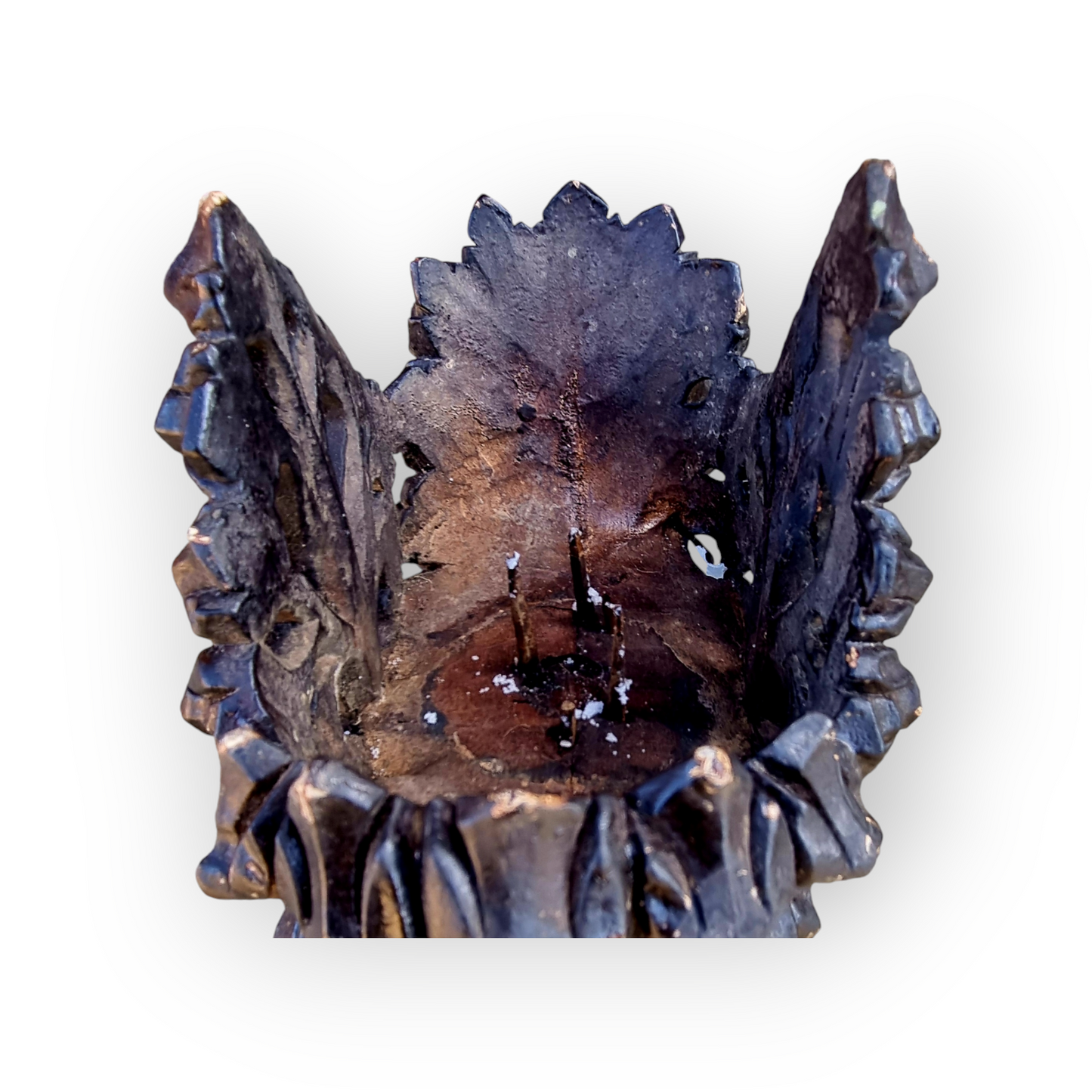 A Fine, Large & Impressive Pair Of 19th Century English Antique Gothic Revival Poppy Finial Carved Wood Candleholders