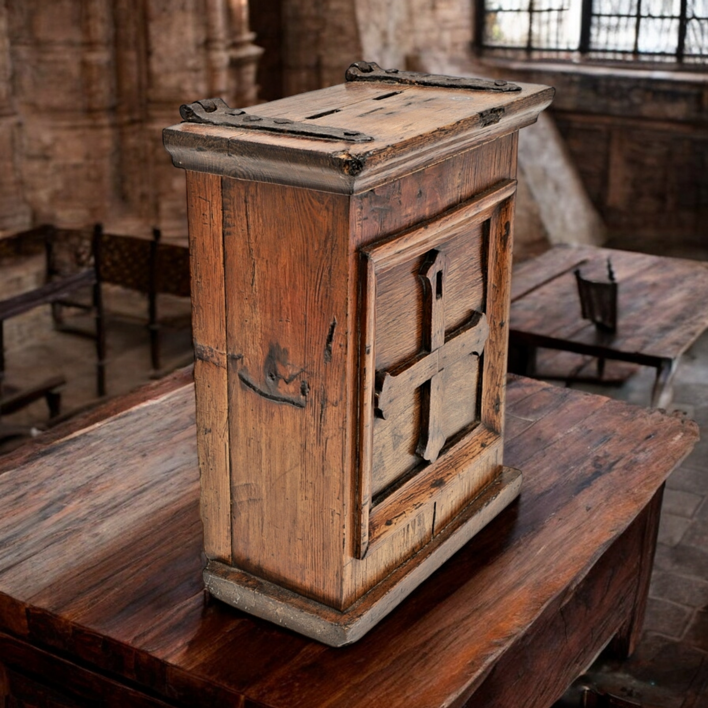 18th Century Antique Oak-Effect Scumbled Pine Alms Box / Offertory Box / Poor Box / Mite Box
