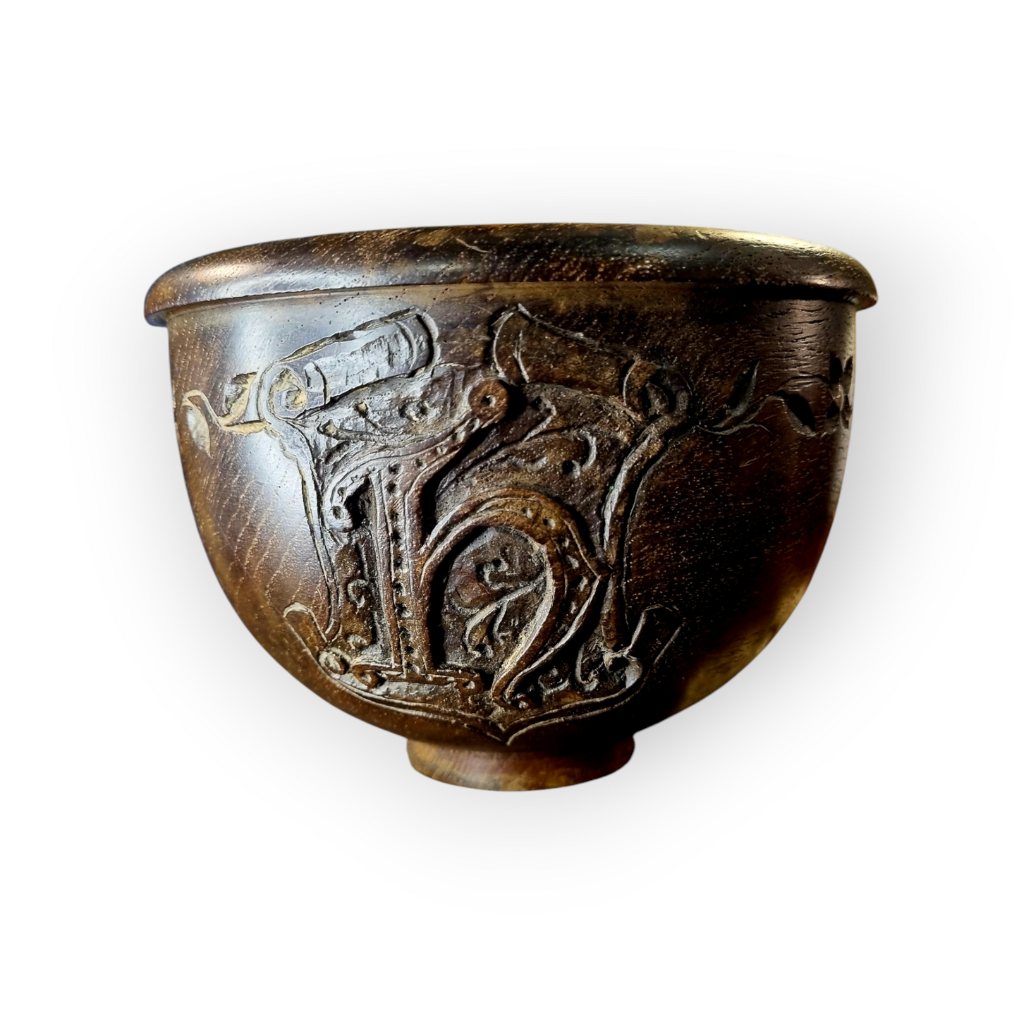 Mid 19th-Century English Antique Gothic Revival Turned Wooden Bowl, Bearing The Initial "H"