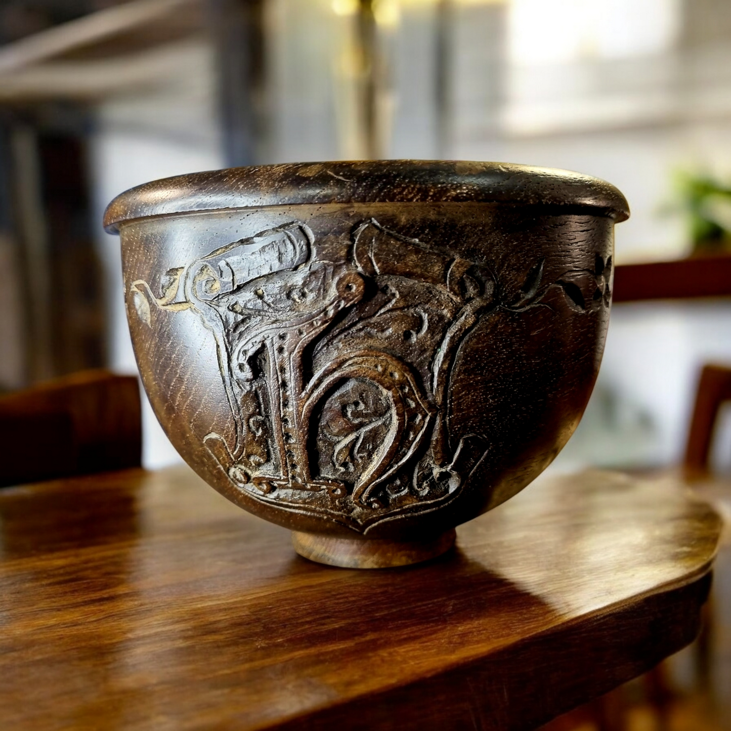 Mid 19th-Century English Antique Gothic Revival Turned Wooden Bowl, Bearing The Initial "H"