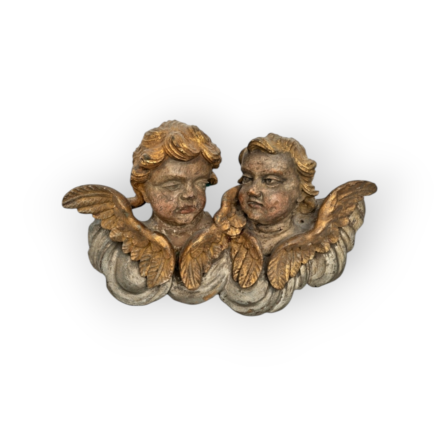 18th Century Baroque Antique Carved Wooden Sculptural Wall Panel Depicting A Pair Of Winged Cherubs / Puttos