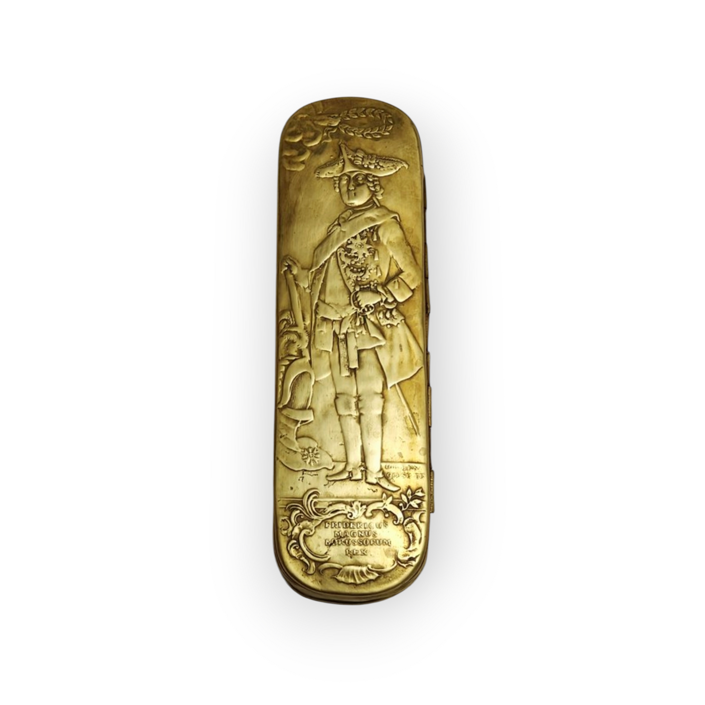 Rare Mid-18th Century German/Prussian Antique Brass Tobacco Snuff Box Commemorating Frederick II Of Prussia & His Military Triumphs