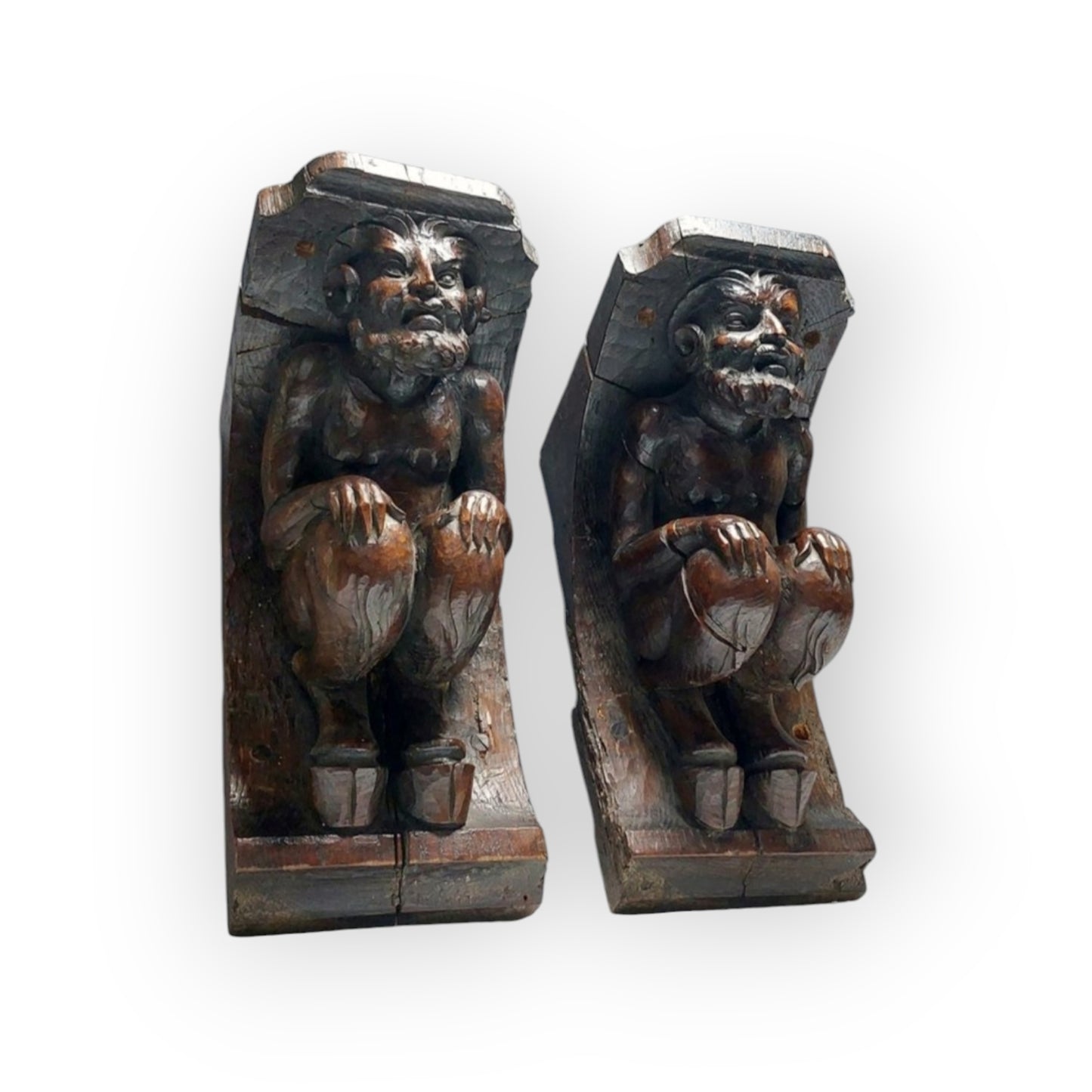 A Large Pair Of Early 17th-Century Antique Carved Oak Satyrs or Faunus