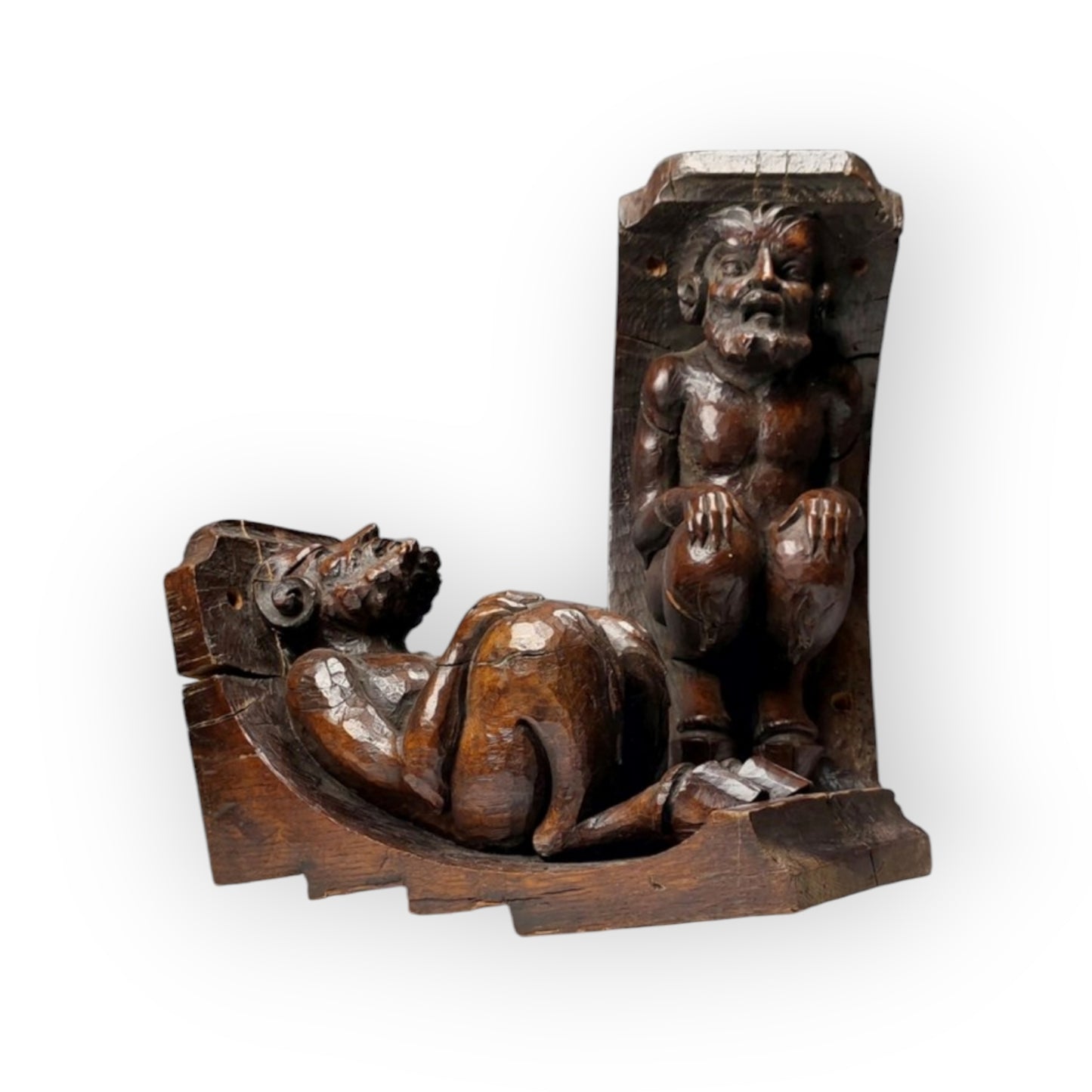 A Large Pair Of Early 17th-Century Antique Carved Oak Satyrs or Faunus