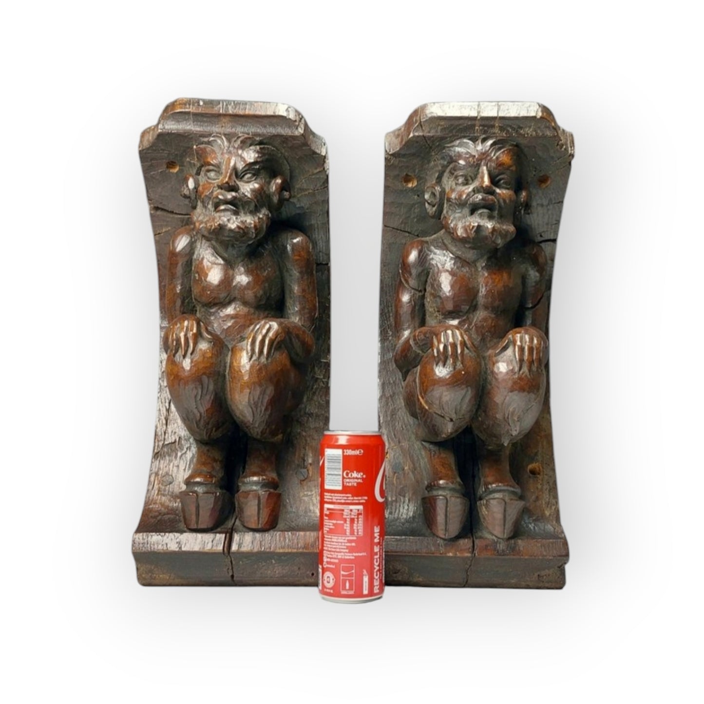 A Large Pair Of Early 17th-Century Antique Carved Oak Satyrs or Faunus