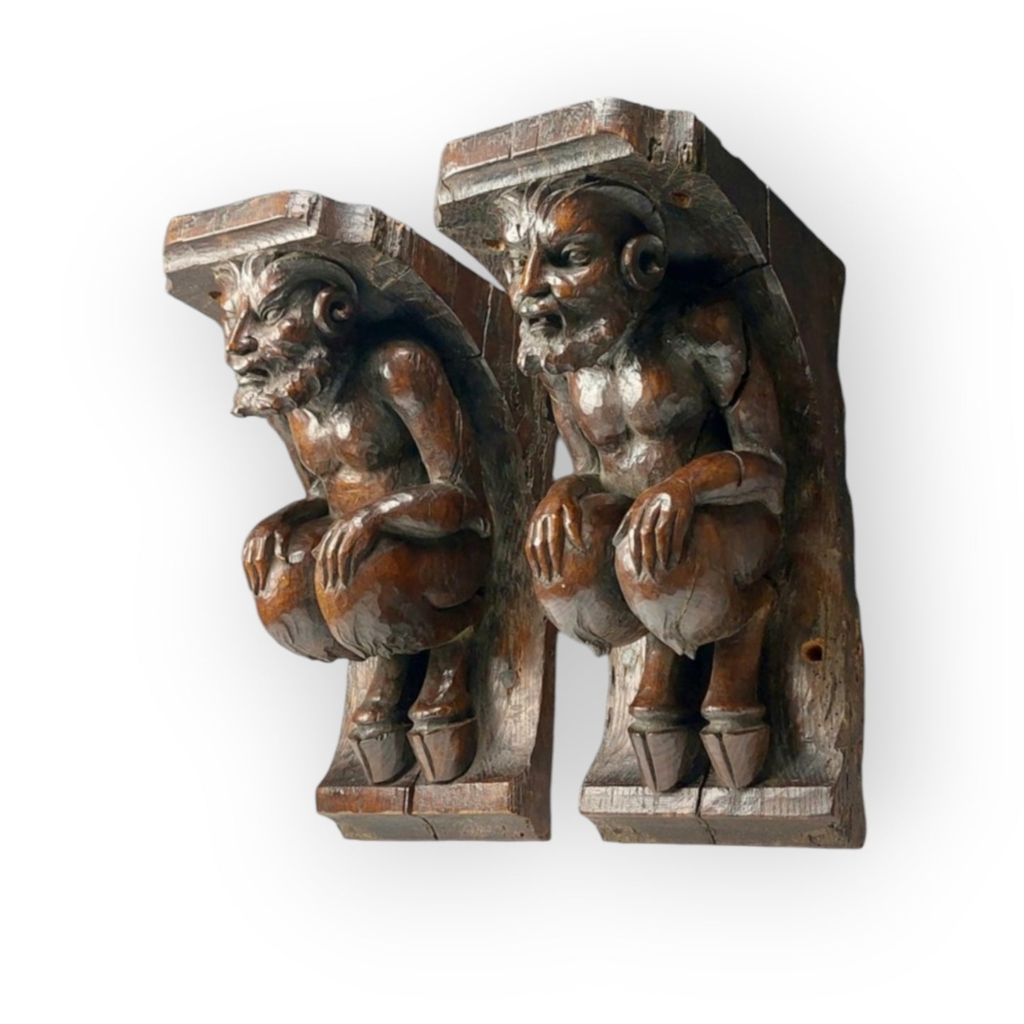A Large Pair Of Early 17th-Century Antique Carved Oak Satyrs or Faunus