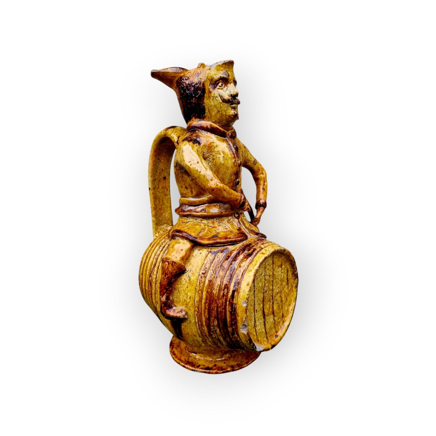 Large 18th-Century Antique Ochre-Glazed Earthenware Jug / Pitcher / Ewer In The Form Of "Man On A Barrel"