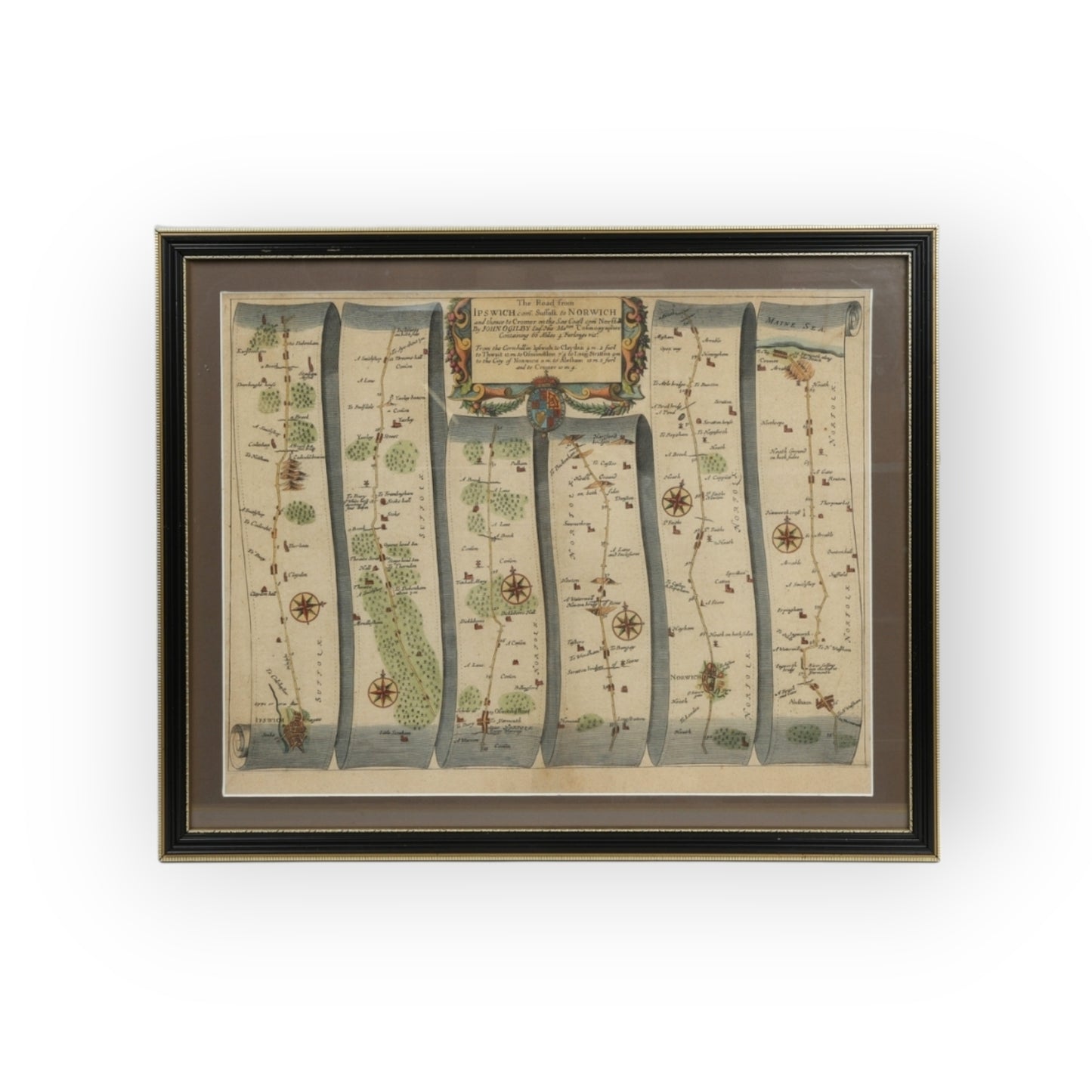17th-Century English Antique Strip Map / Coaching Road Map By John Ogilby (B.1600-D.1676)