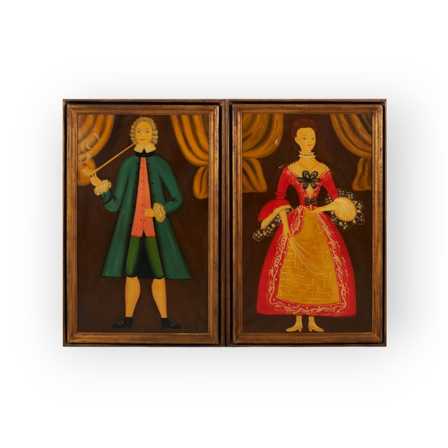 Pair Of Late 18th-Century Primitive / Naive Continental School Antique Folk-Art Full-length Oil On Canvas Portraits Of A Gentleman & His Wife