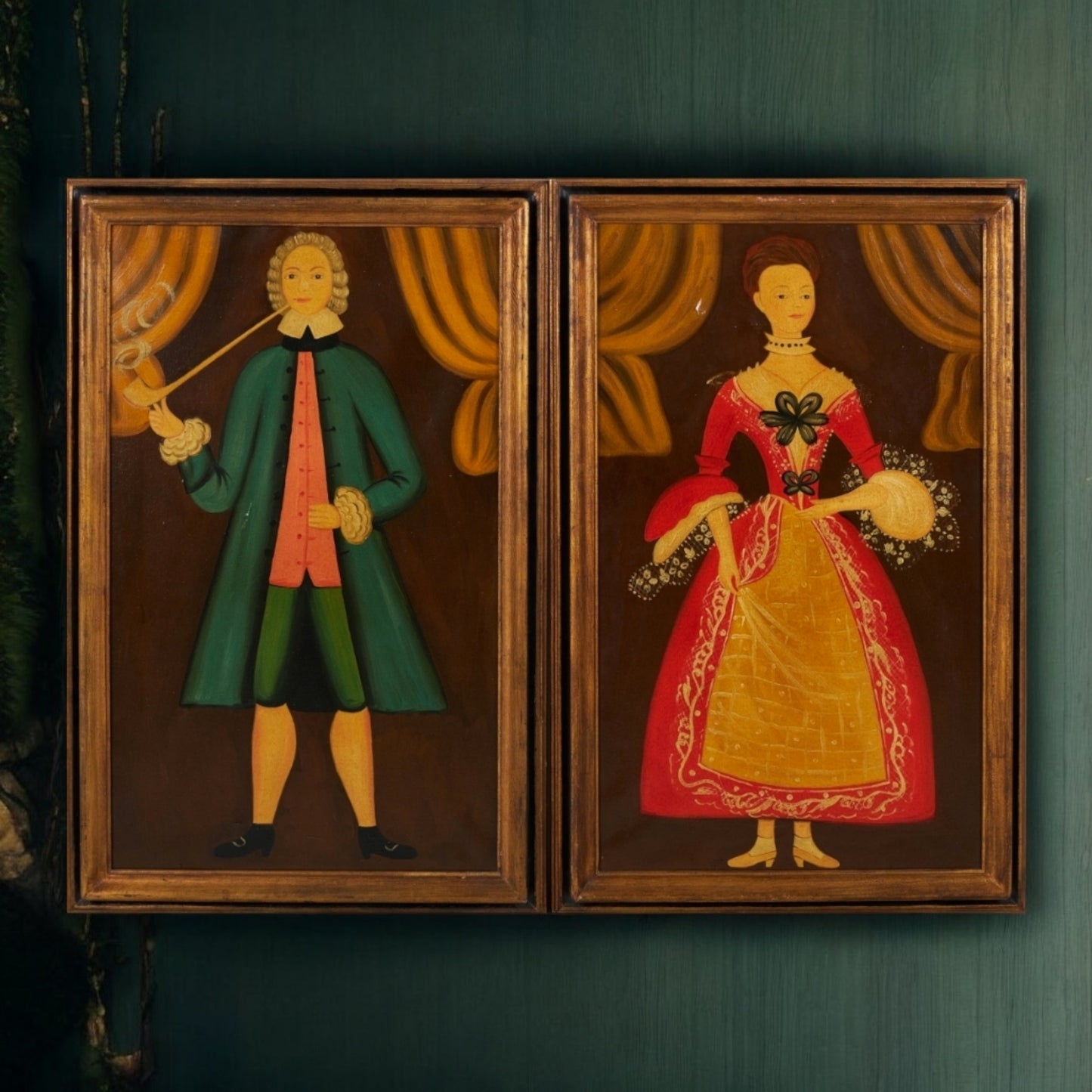 Pair Of Late 18th-Century Primitive / Naive Continental School Antique Folk-Art Full-length Oil On Canvas Portraits Of A Gentleman & His Wife