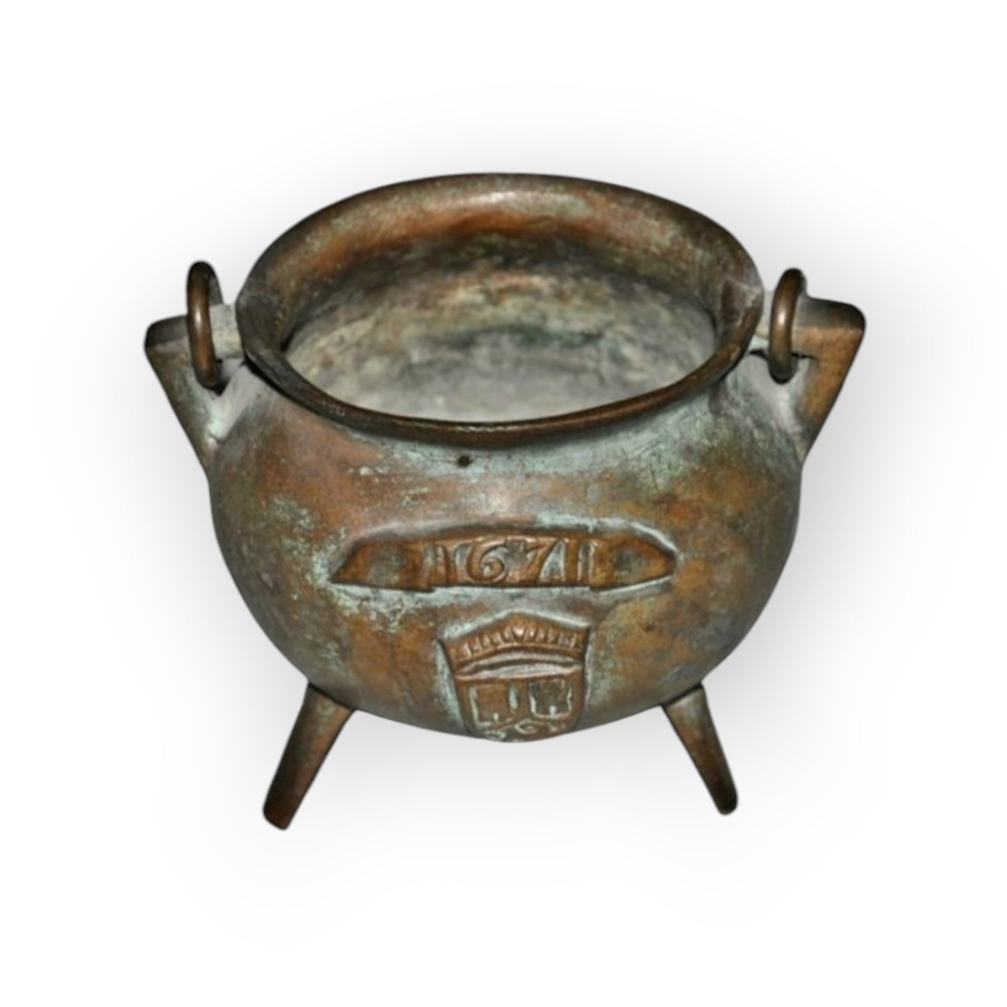 17th-Century Antique Bronze Grapen / Cooking Pot / Cauldron Dated "1671" & Bearing An Armorial Device / Coat Of Arms