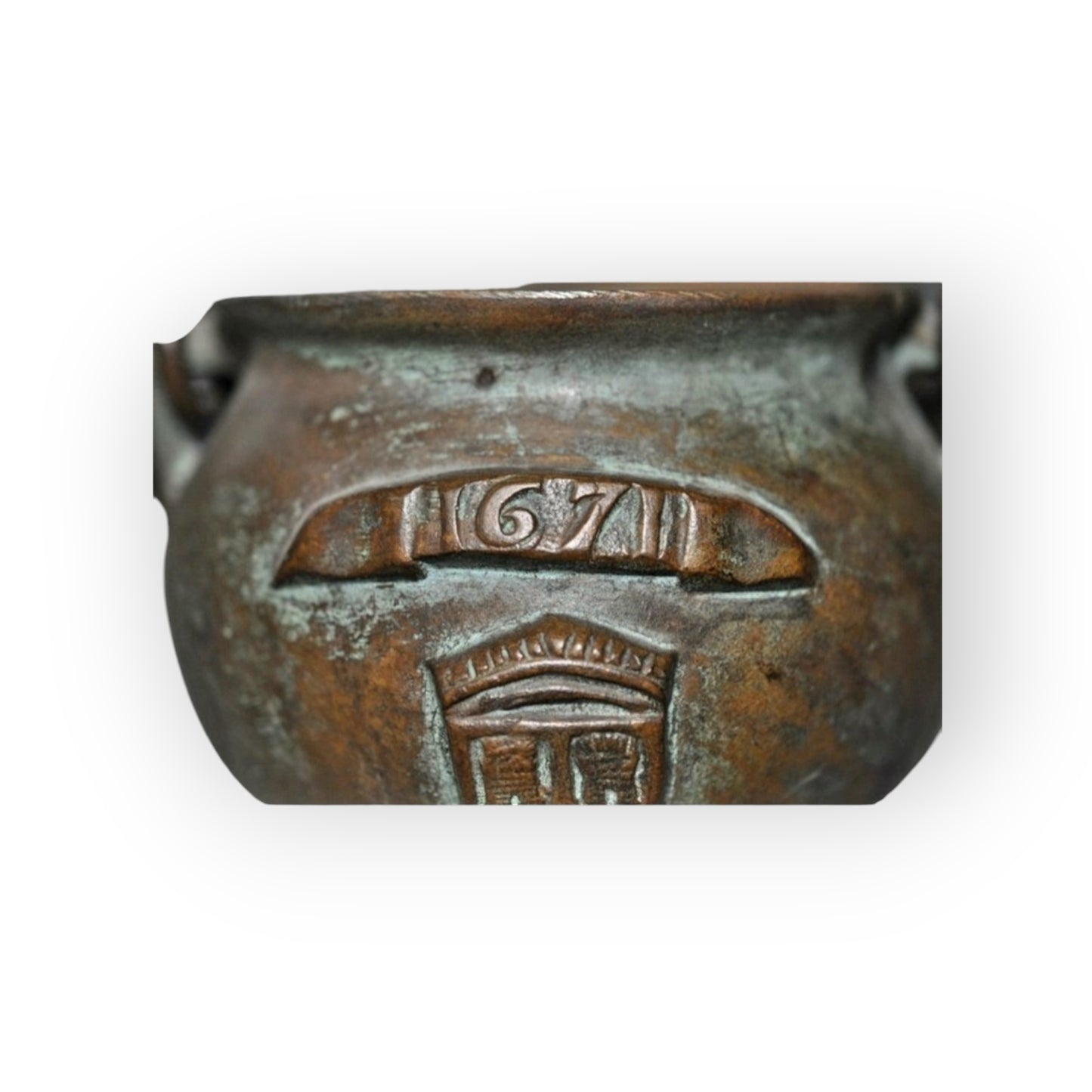 17th-Century Antique Bronze Grapen / Cooking Pot / Cauldron Dated "1671" & Bearing An Armorial Device / Coat Of Arms