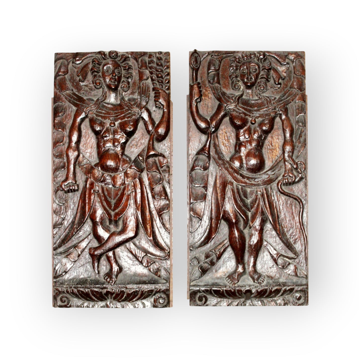 A Pair Of Large 16th-Century Allegorical Antique Carved Oak Panels Depicting Agriculture & Prudence