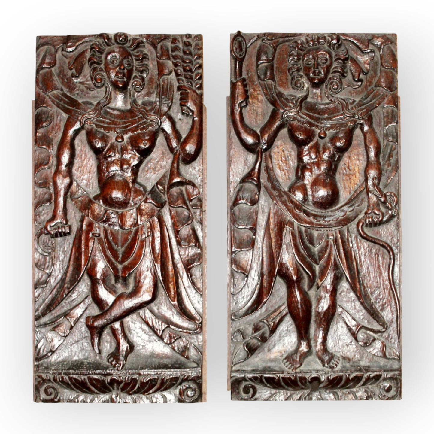 A Pair Of Large 16th-Century Allegorical Antique Carved Oak Panels Depicting Agriculture & Prudence