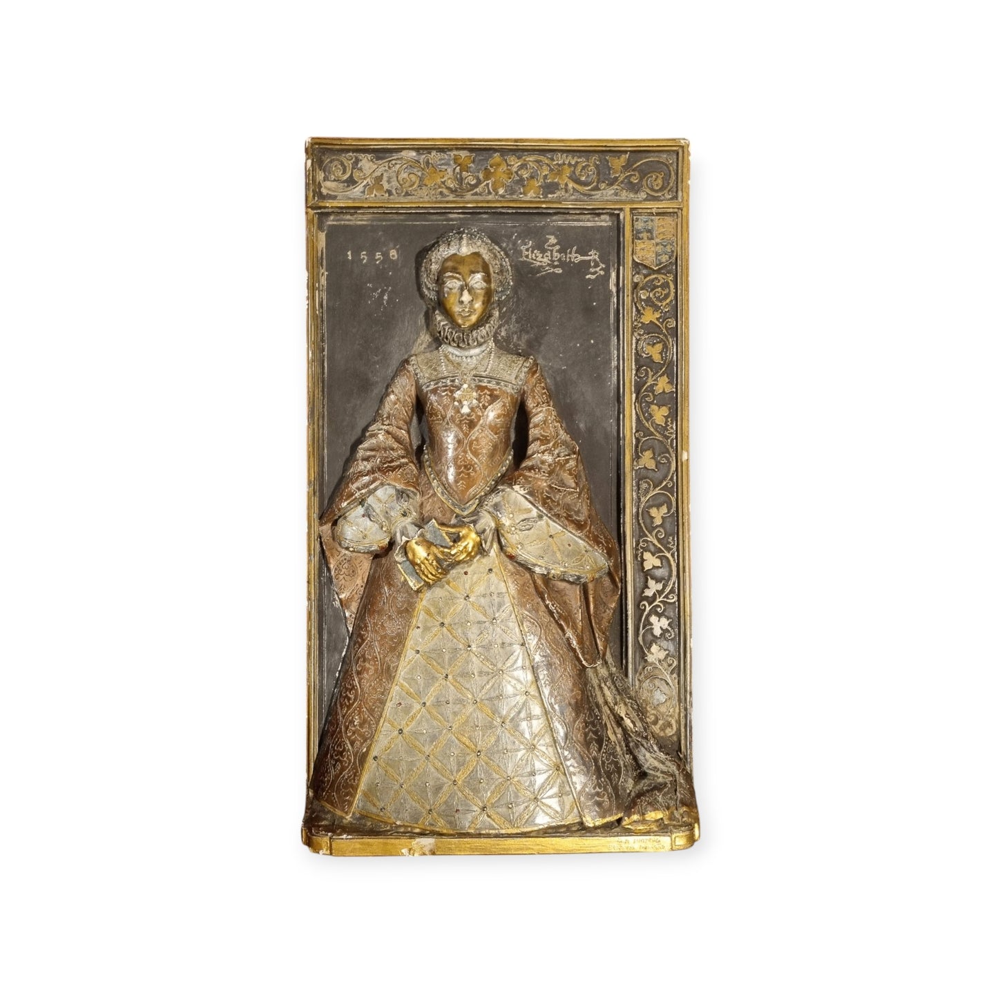 16th Century Style, Large English-Made Decorative Plaster Plaque Depicting Queen Elizabeth I, In Original Polychrome