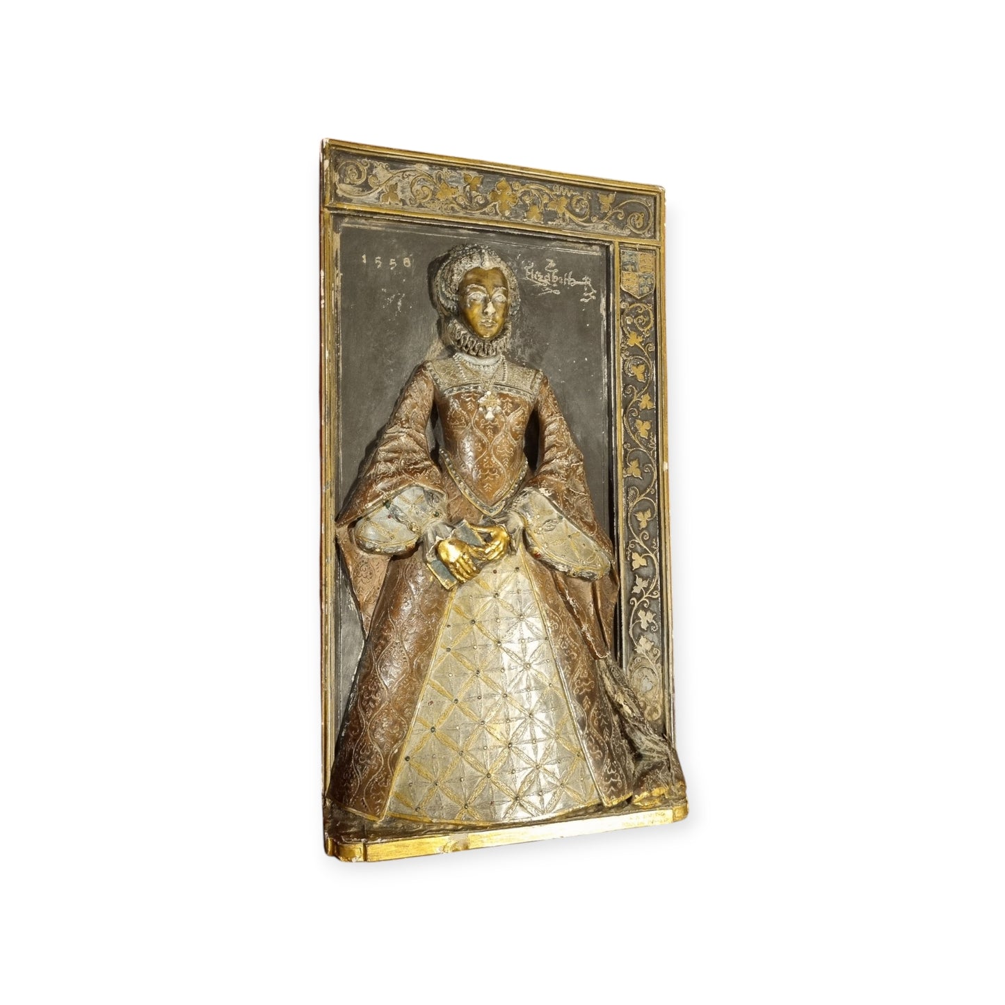 16th Century Style, Large English-Made Decorative Plaster Plaque Depicting Queen Elizabeth I, In Original Polychrome