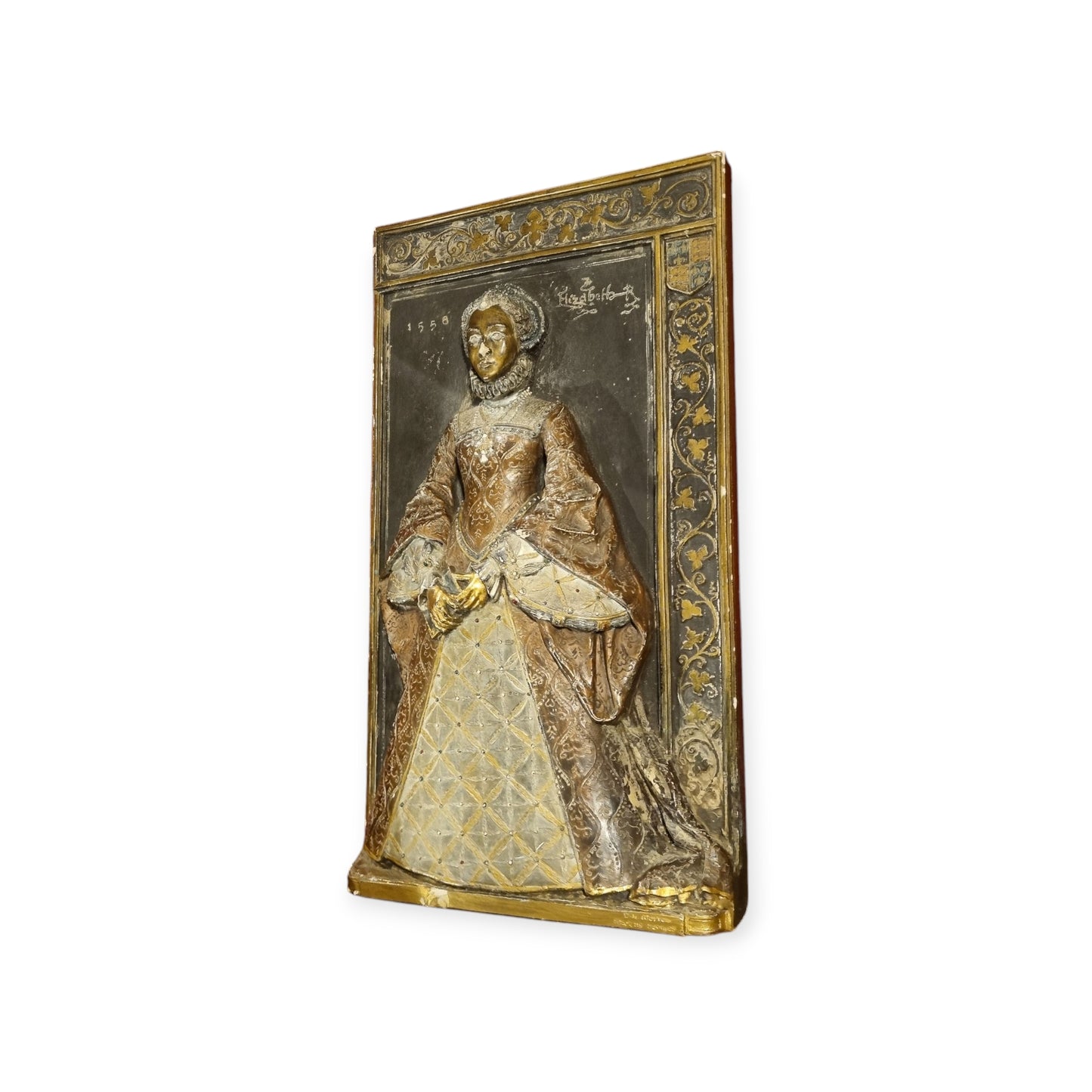 16th Century Style, Large English-Made Decorative Plaster Plaque Depicting Queen Elizabeth I, In Original Polychrome