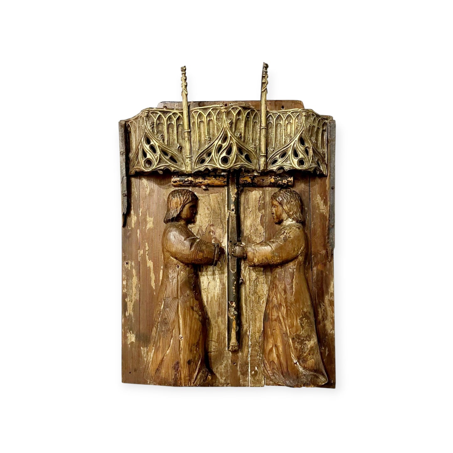 16th-Century & Later Gothic Antique Carved Wood Panel Depicting Angels Kneeling Below A Cross Symbolising The Passion Of Christ