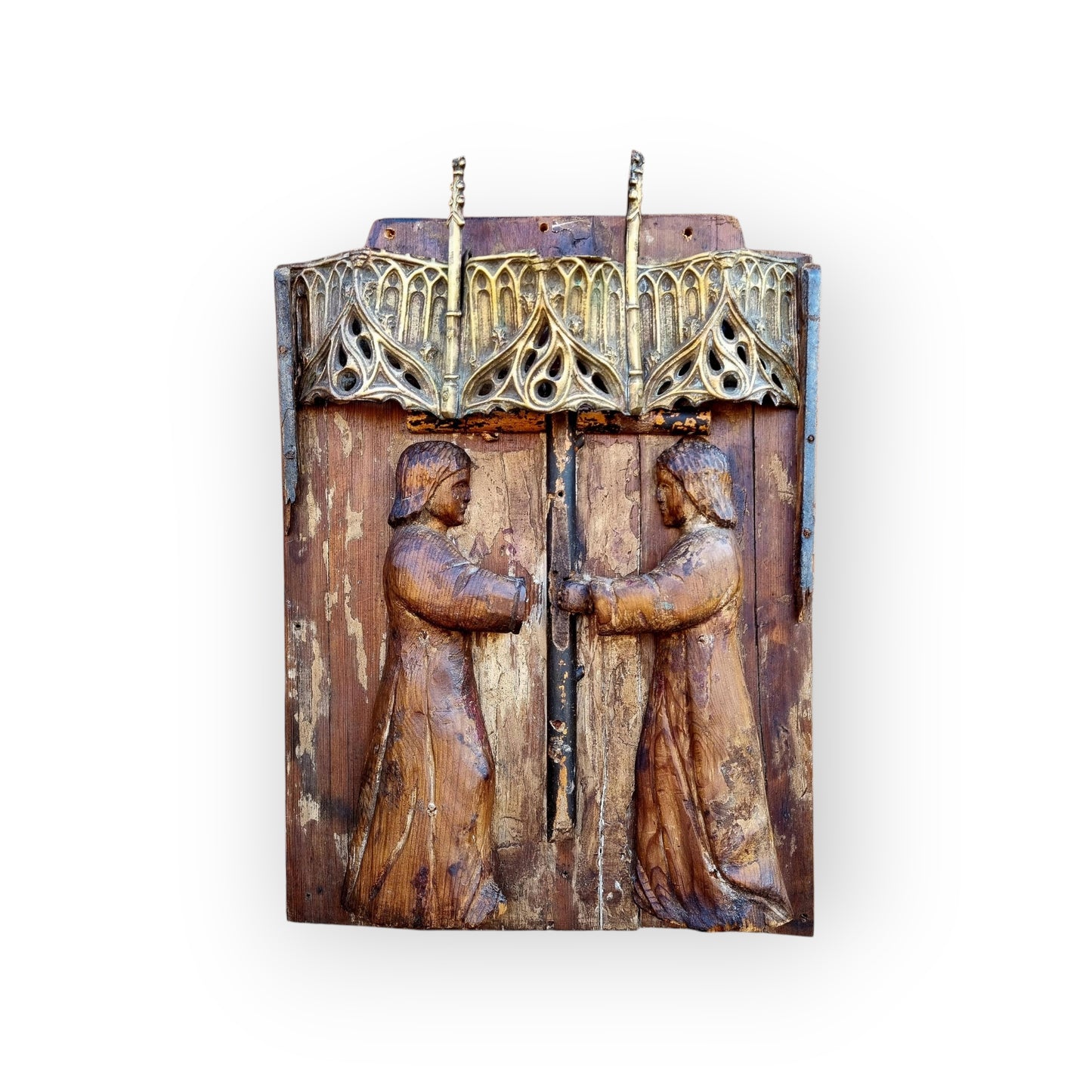 16th-Century & Later Gothic Antique Carved Wood Panel Depicting Angels Kneeling Below A Cross Symbolising The Passion Of Christ