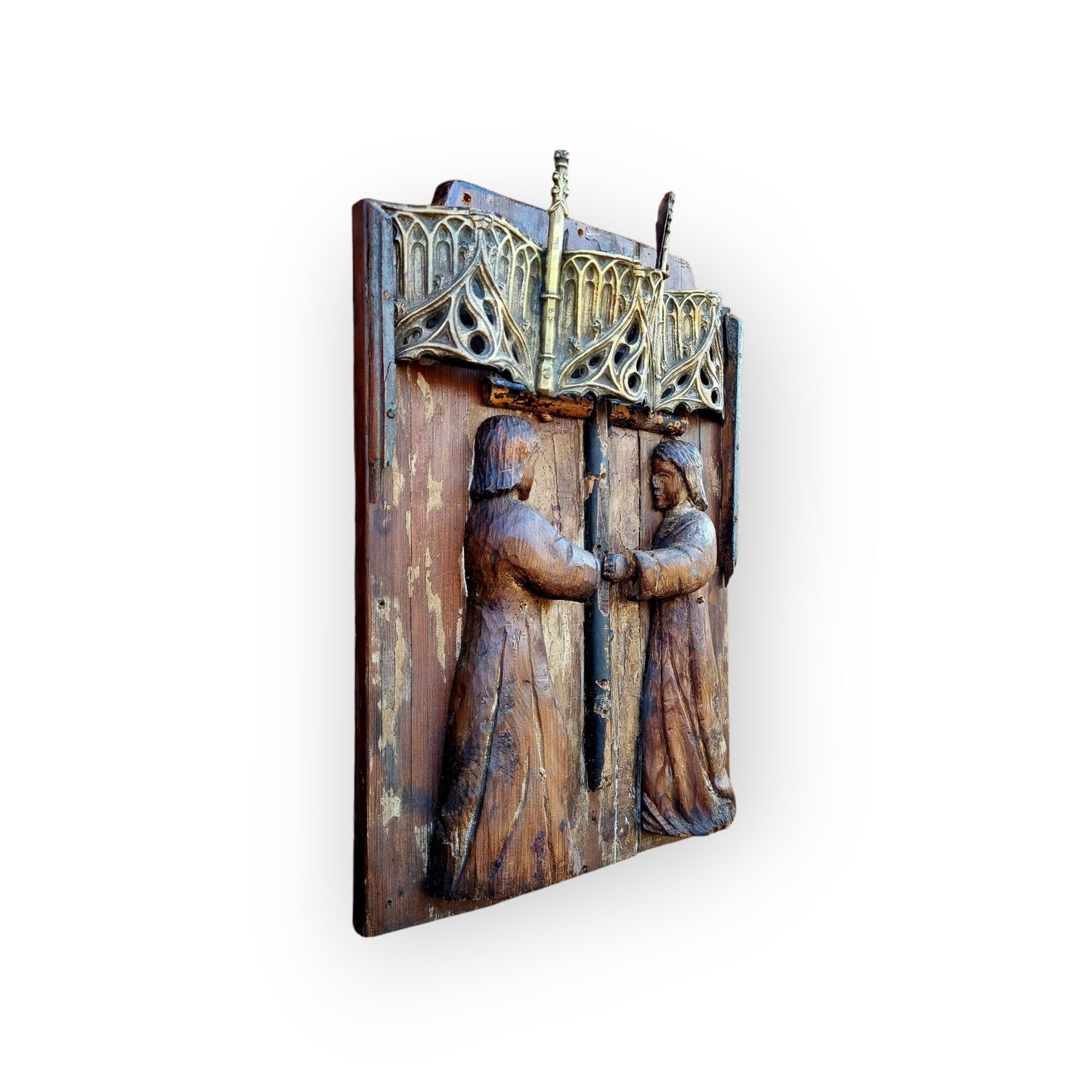 16th-Century & Later Gothic Antique Carved Wood Panel Depicting Angels Kneeling Below A Cross Symbolising The Passion Of Christ