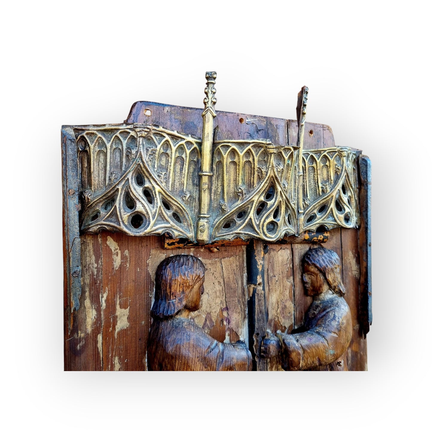 16th-Century & Later Gothic Antique Carved Wood Panel Depicting Angels Kneeling Below A Cross Symbolising The Passion Of Christ