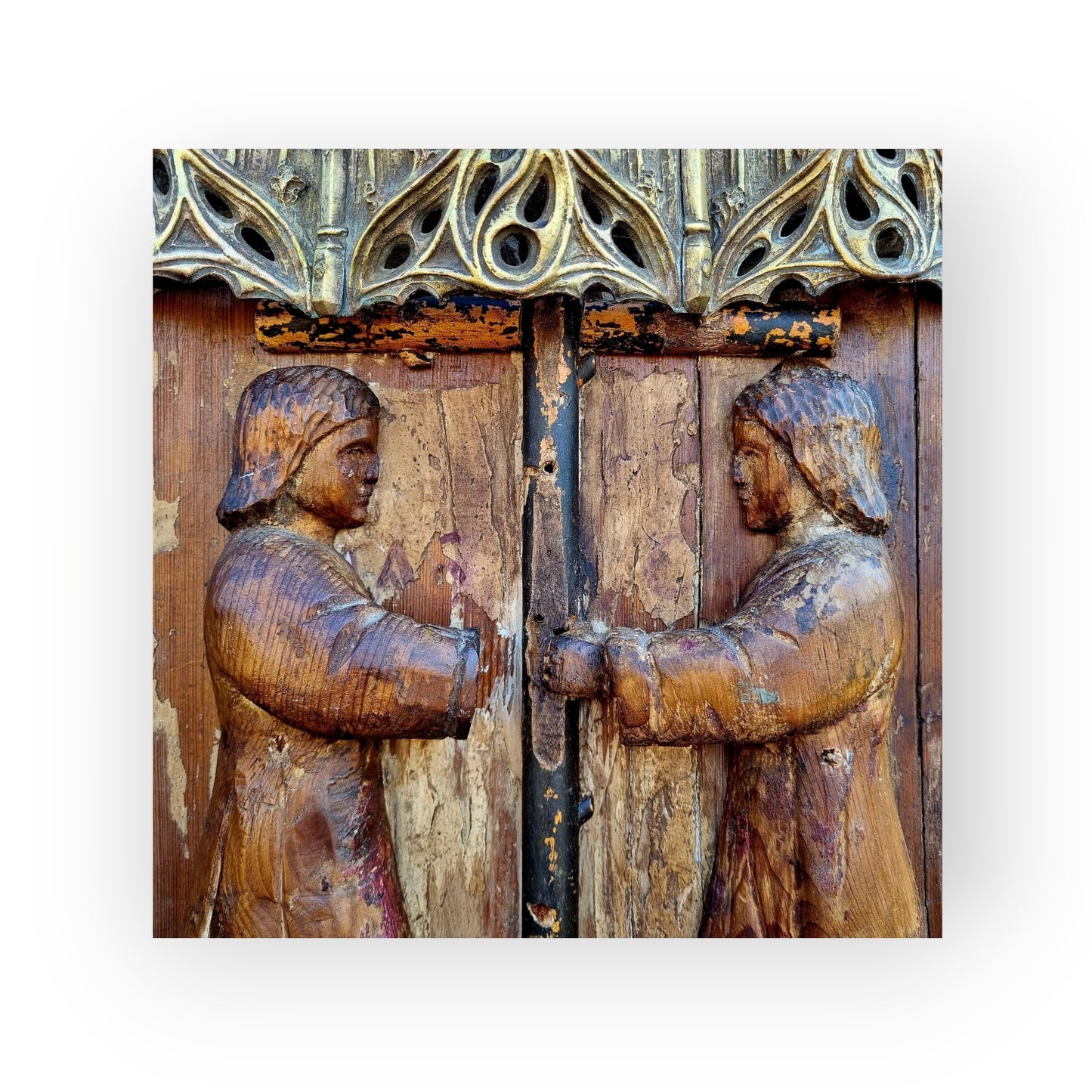 16th-Century & Later Gothic Antique Carved Wood Panel Depicting Angels Kneeling Below A Cross Symbolising The Passion Of Christ