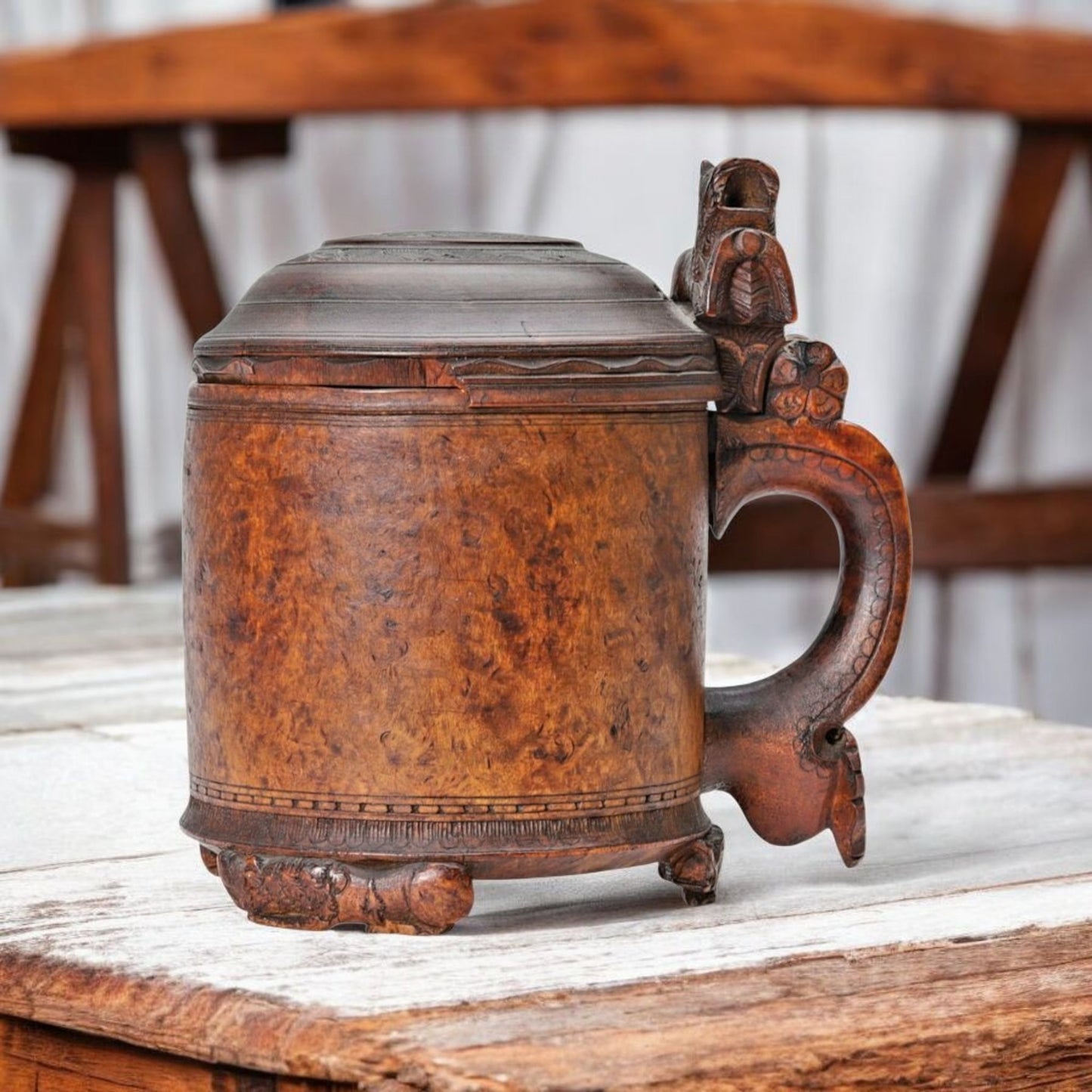 Large 18th Century Scandinavian Antique Treen Peg Tankard / Birch Wood Tankard