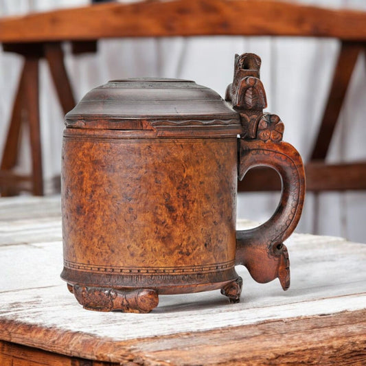 Large Mid-18th-Century Scandinavian Antique Treen Peg Tankard / Birch Wood Tankard