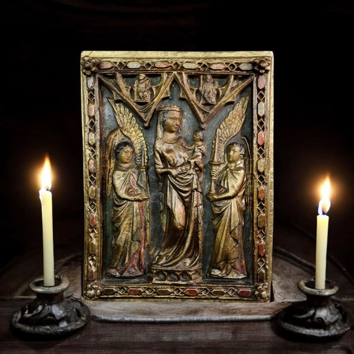 19th-Century Gothic Revival Antique Plaster Bas-Relief Altar Panel Depicting The Glorification Of The Virgin