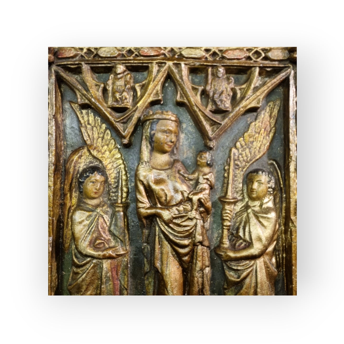 19th-Century Gothic Revival Antique Plaster Bas-Relief Altar Panel Depicting The Glorification Of The Virgin
