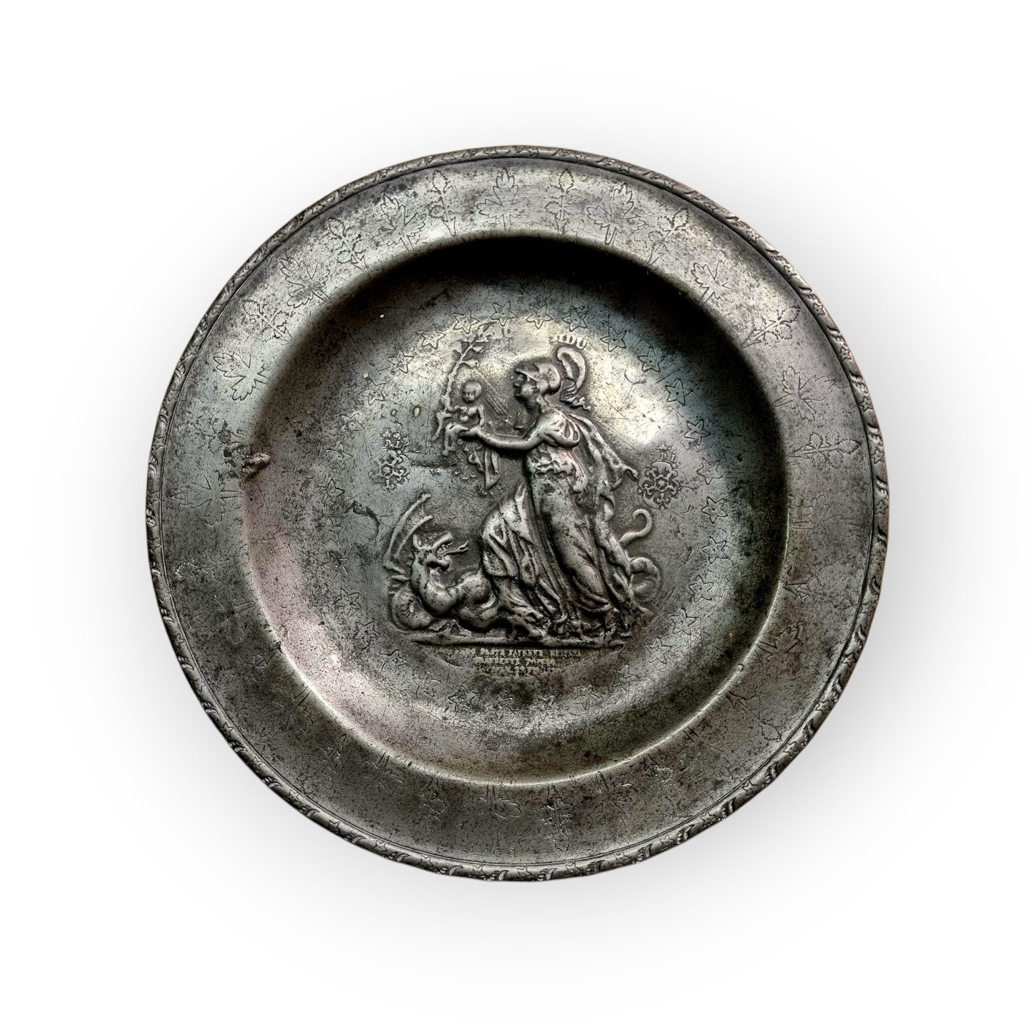Late 18th-Century Dutch Antique Pewter Plate Decorated With Repoussé And Wriggle Work, Bearing The Mark For F De Leeuw, Brussels, (Active 1790-1811)