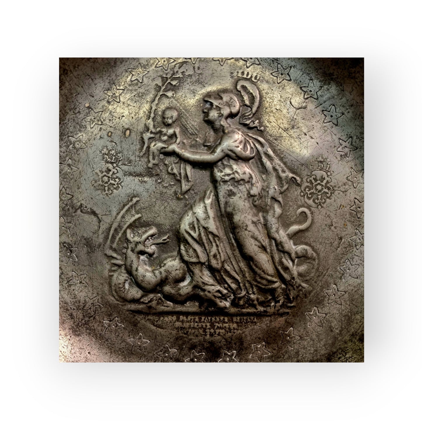 Late 18th-Century Dutch Antique Pewter Plate Decorated With Repoussé And Wriggle Work, Bearing The Mark For F De Leeuw, Brussels, (Active 1790-1811)
