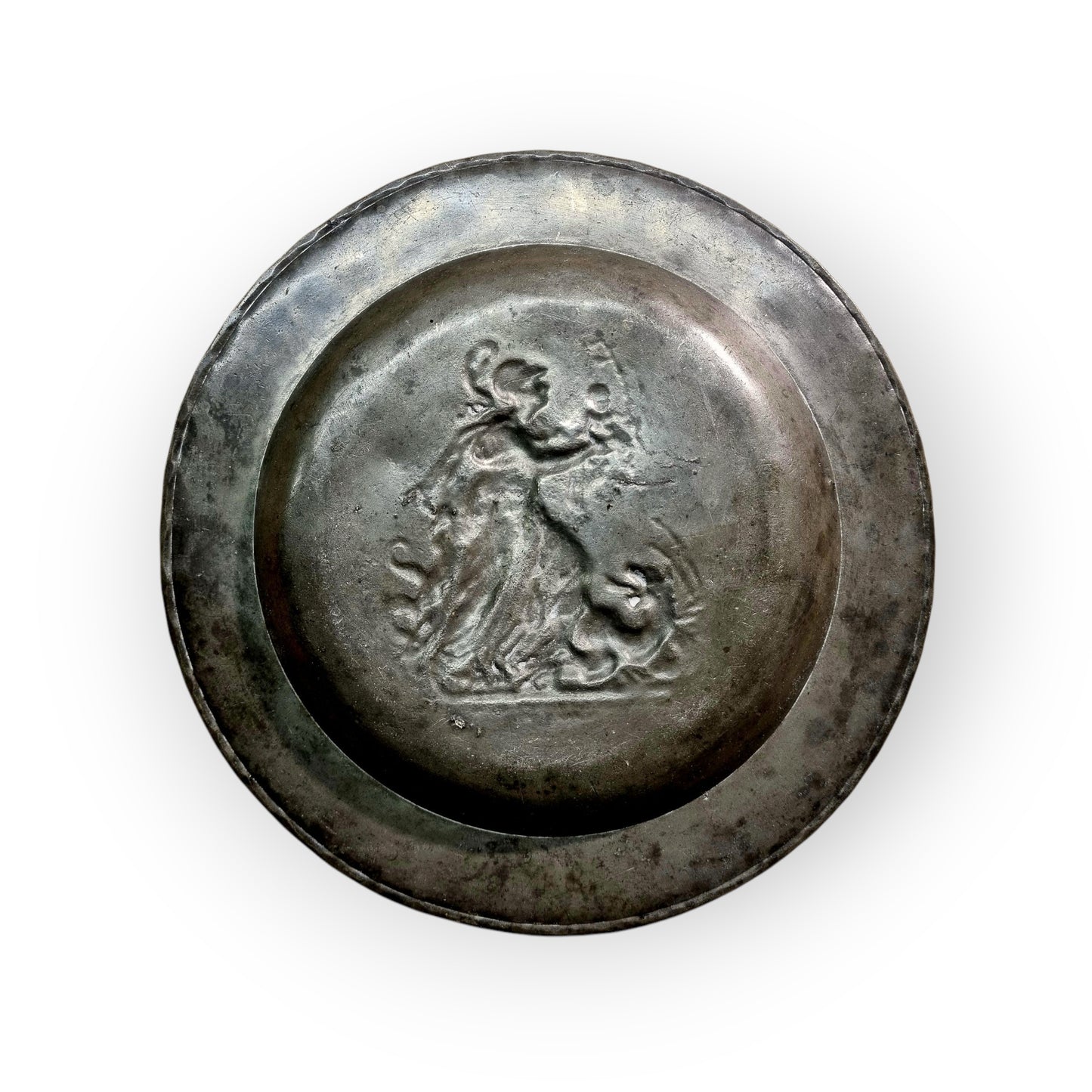 Late 18th-Century Dutch Antique Pewter Plate Decorated With Repoussé And Wriggle Work, Bearing The Mark For F De Leeuw, Brussels, (Active 1790-1811)