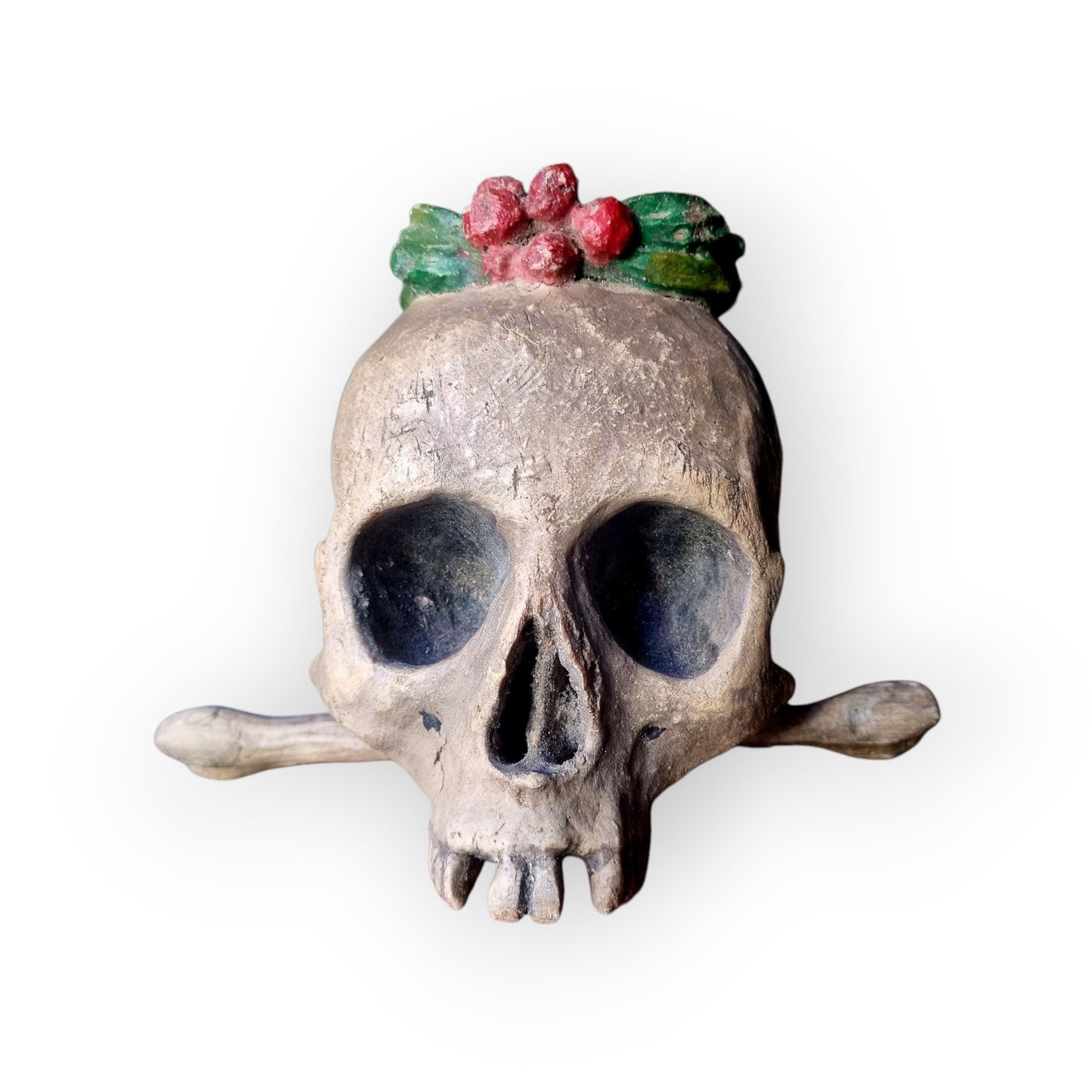 18th-Century Baroque Antique Carved Wooden Memento Mori In The Form Of A Human Skull With A Death Crown