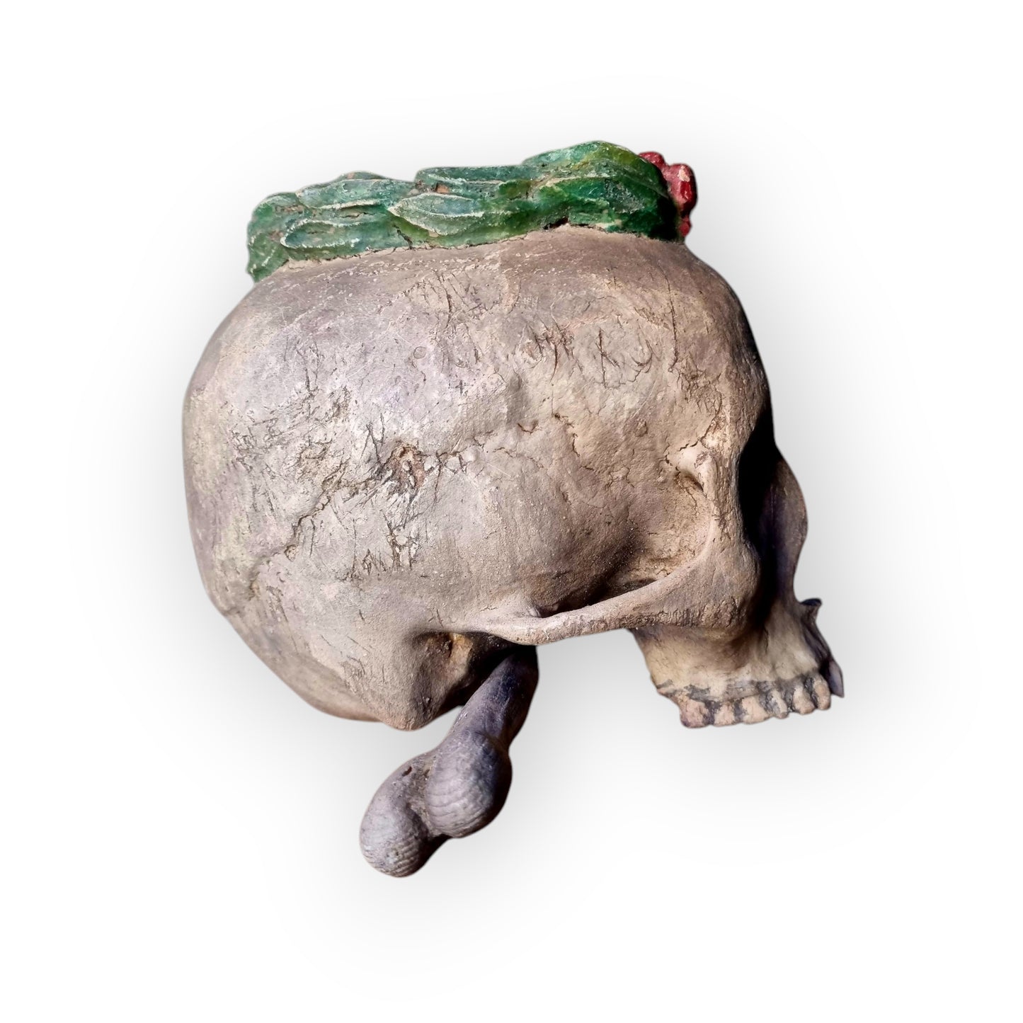 18th-Century Baroque Antique Carved Wooden Memento Mori In The Form Of A Human Skull With A Death Crown