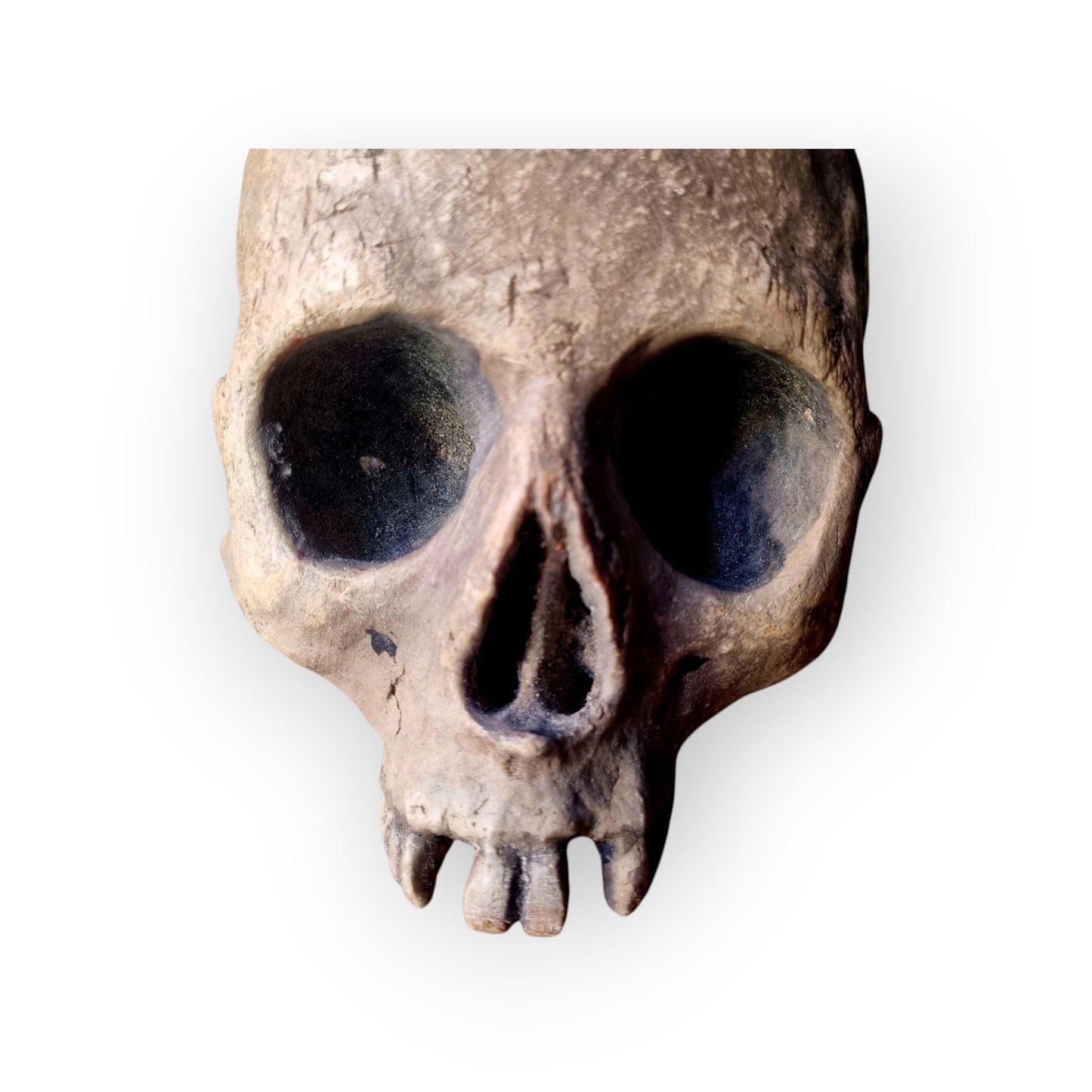 18th-Century Baroque Antique Carved Wooden Memento Mori In The Form Of A Human Skull With A Death Crown