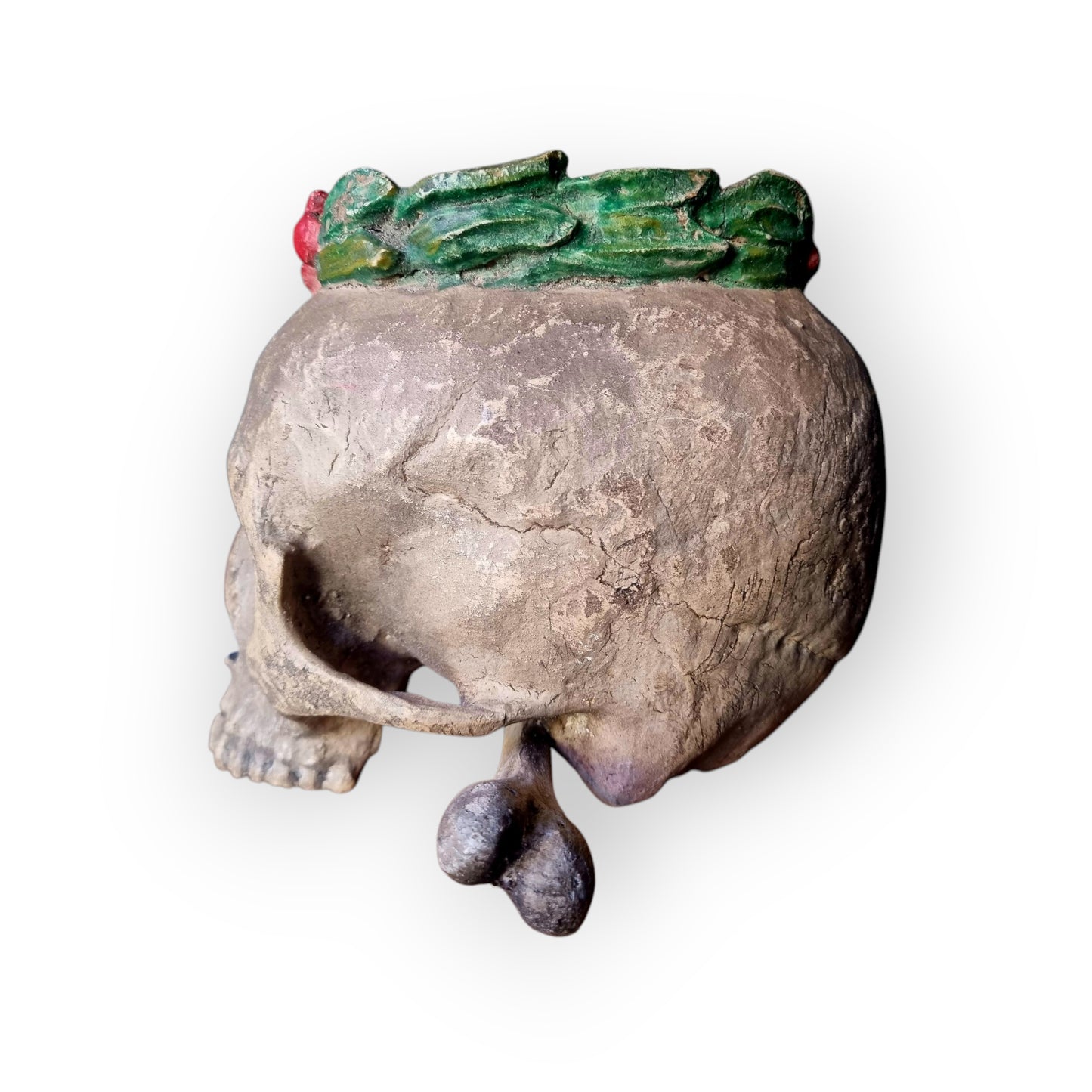 18th-Century Baroque Antique Carved Wooden Memento Mori In The Form Of A Human Skull With A Death Crown