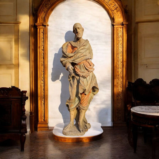 Large & Impressive Early 18th-Century Baroque Antique Carved Wooden Sculpture Of A Saint, Approx 56" (4ft 8")
