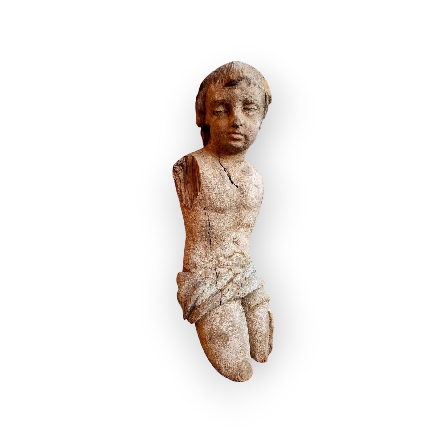 Large 18th-Century Neoclassical Antique Carved Wooden Sculpture Of A Young Boy