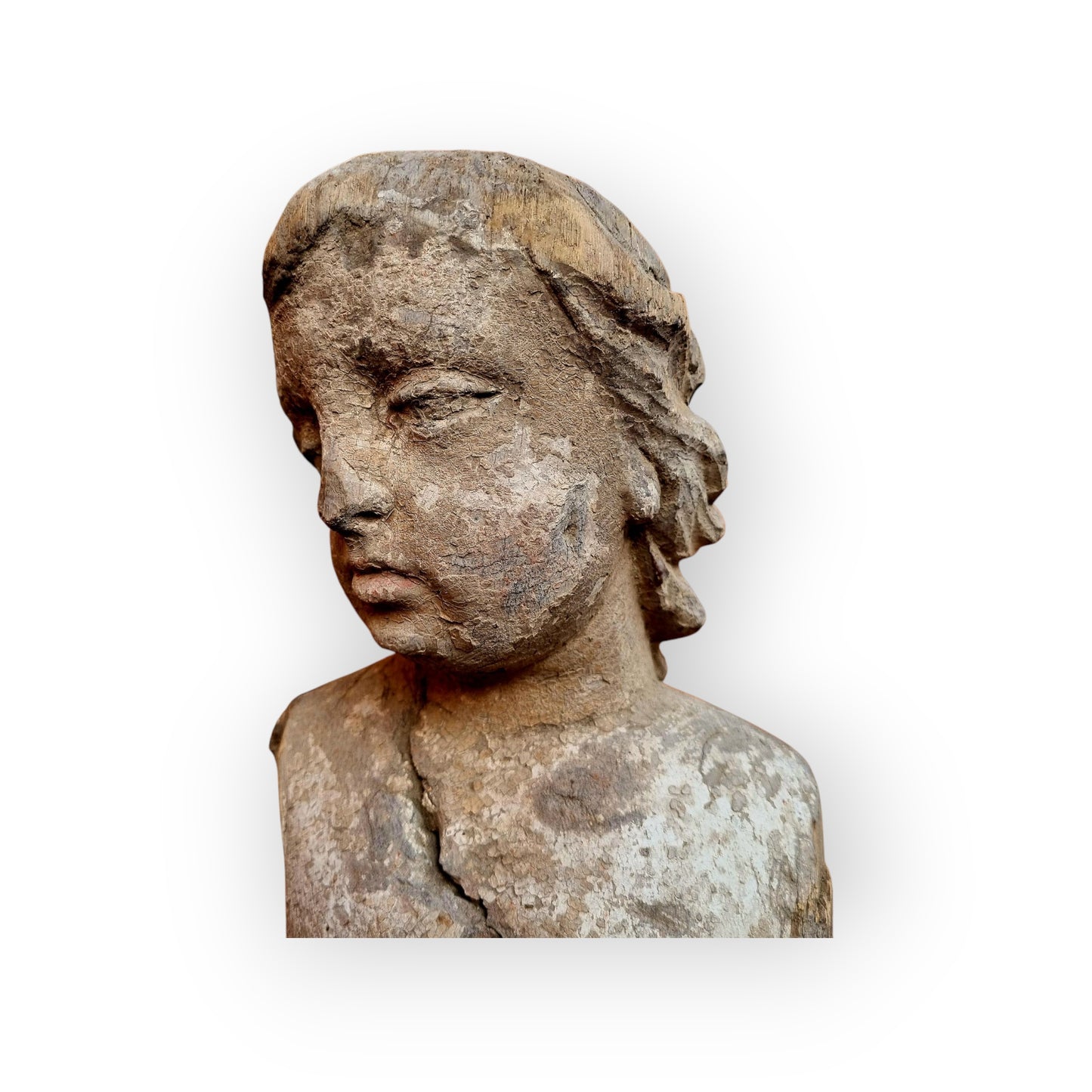 Large 18th-Century Neoclassical Antique Carved Wooden Sculpture Of A Young Boy