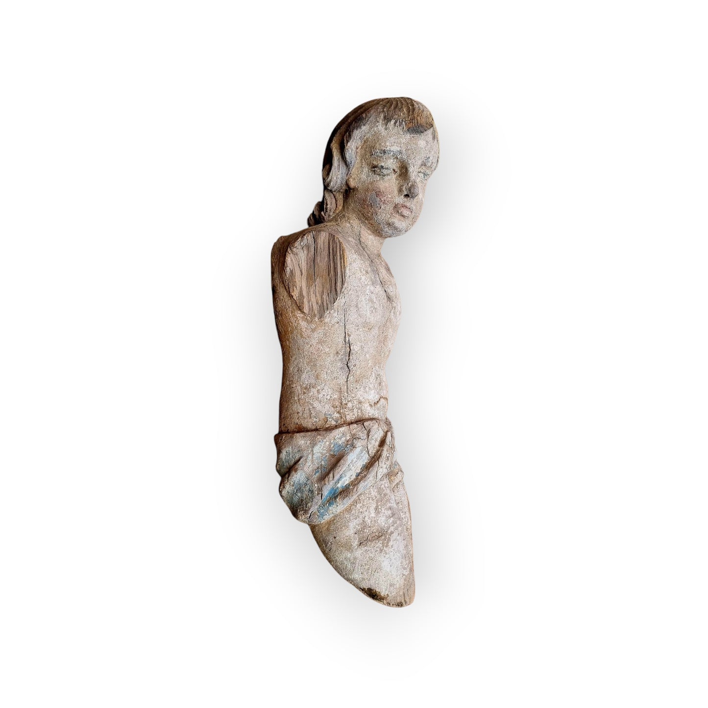 Large 18th-Century Neoclassical Antique Carved Wooden Sculpture Of A Young Boy