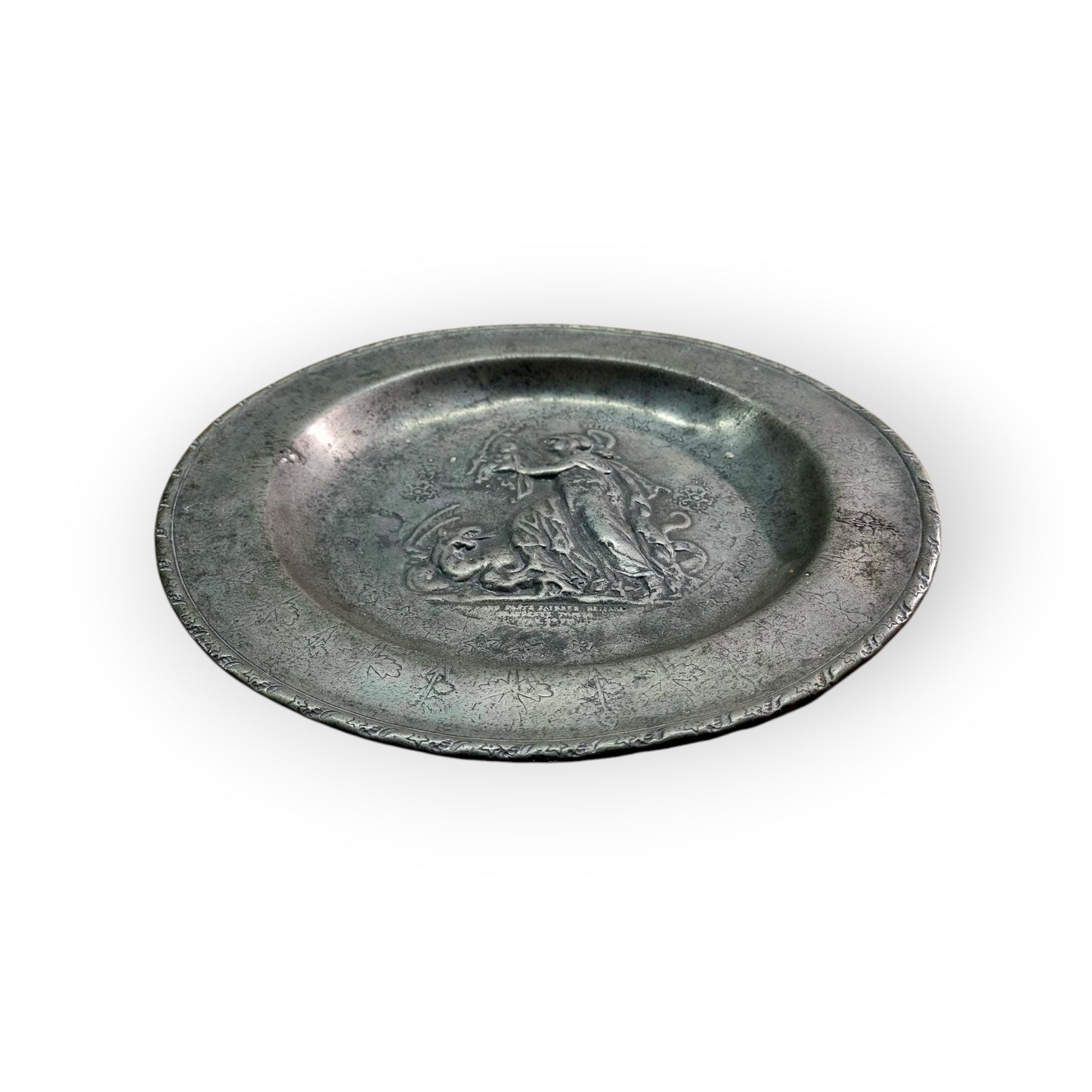 Late 18th-Century Dutch Antique Pewter Plate Decorated With Repoussé And Wriggle Work, Bearing The Mark For F De Leeuw, Brussels, (Active 1790-1811)