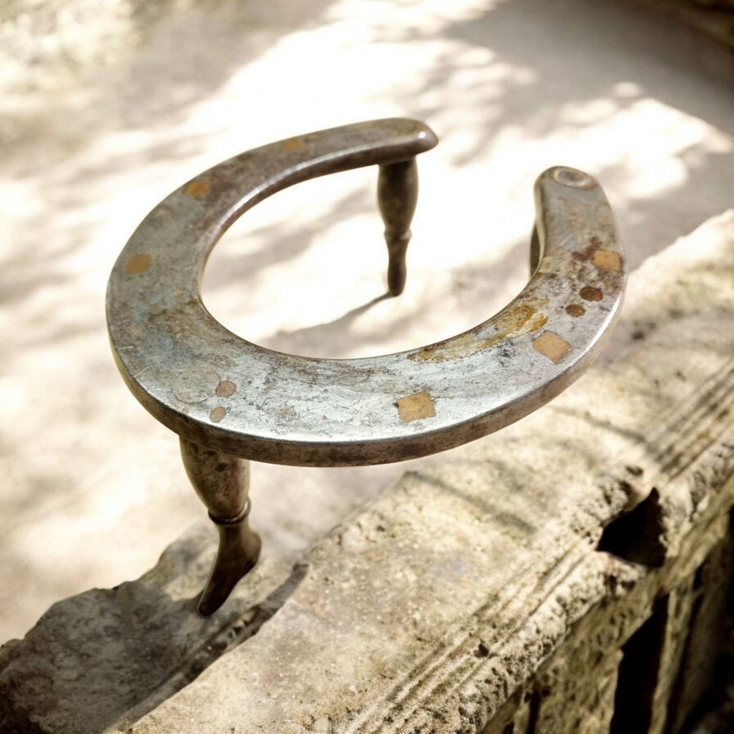 19th-Century English Antique Folk Art Polished Steel & Copper Fireside / Down Hearth Trivet Made From A Horseshoe