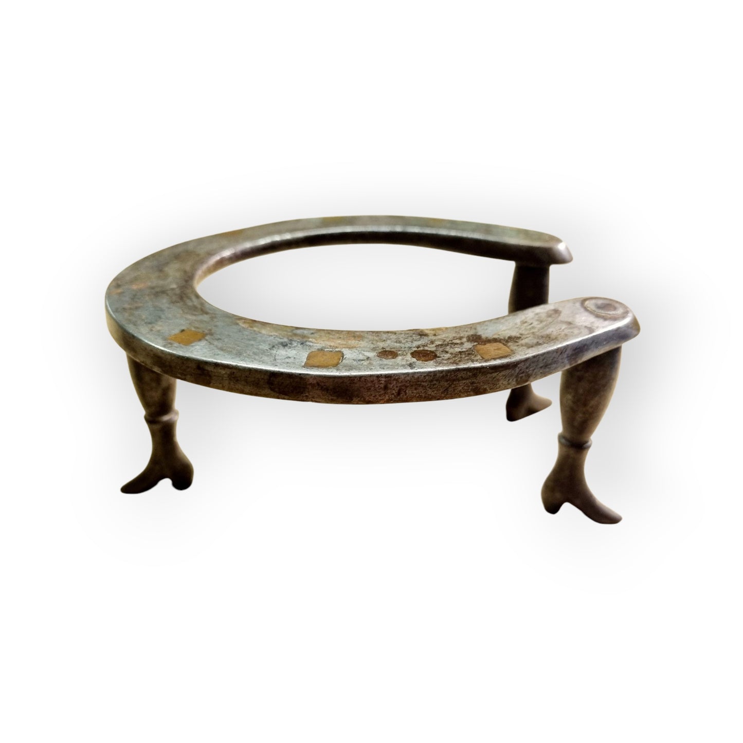 19th-Century English Antique Folk Art Polished Steel & Copper Fireside / Down Hearth Trivet Made From A Horseshoe