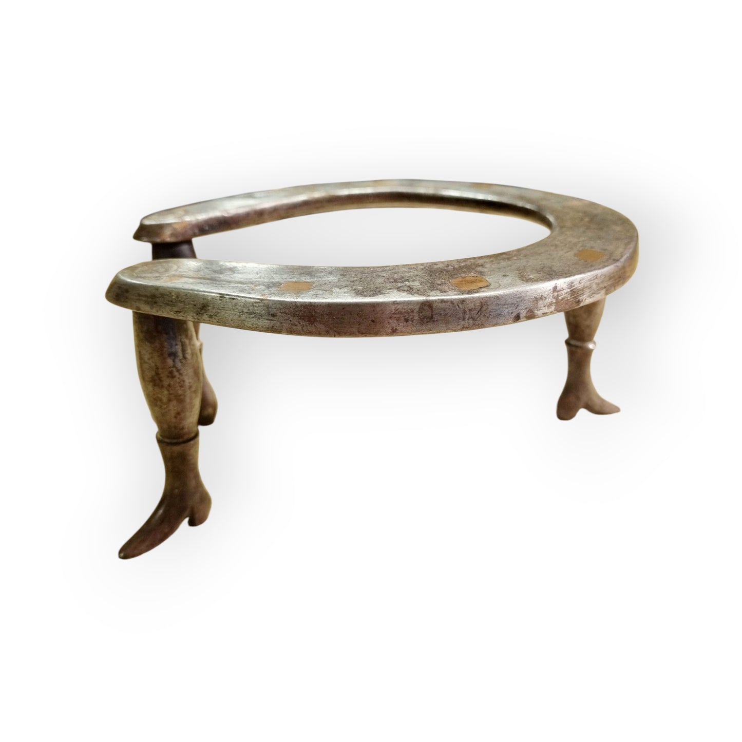 19th-Century English Antique Folk Art Polished Steel & Copper Fireside / Down Hearth Trivet Made From A Horseshoe