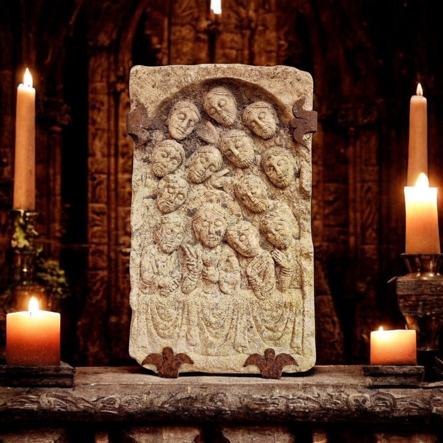 Spanish Medieval Style Antique Carved / Composite Stone Plaque Depicting The Last Supper